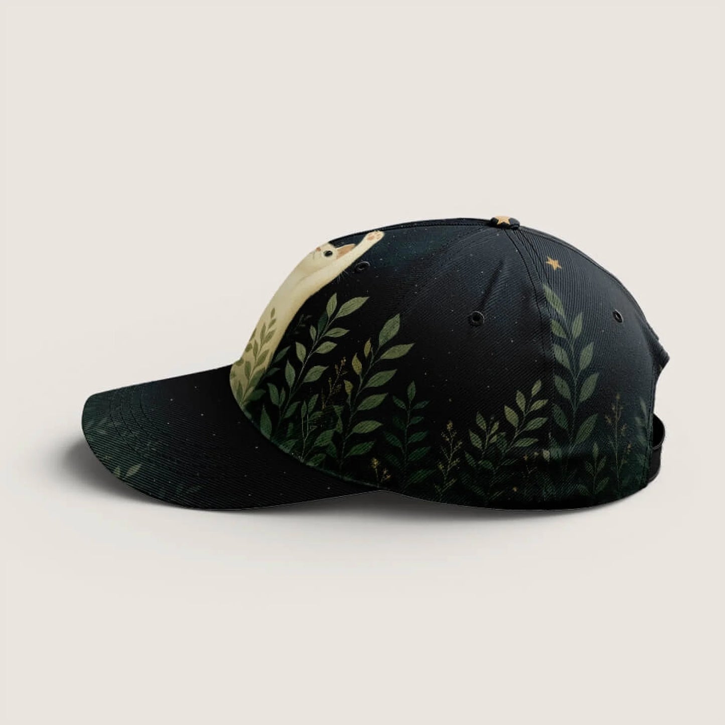 Back of the cat hat with forest-inspired pattern