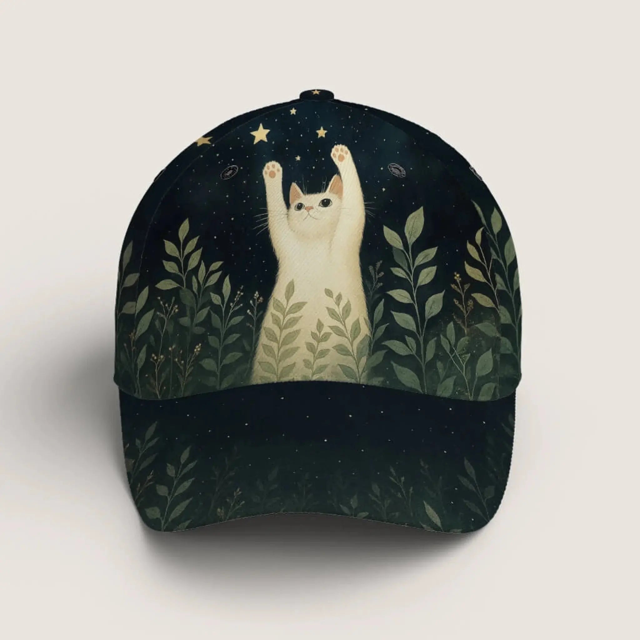 White cat reaching for stars design – Cat Hat cap front view