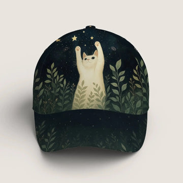 White cat reaching for stars design – Cat Hat cap front view