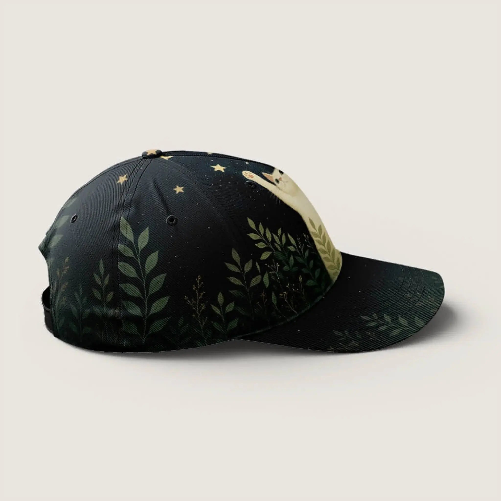 Magical cat-themed hat with nature pattern – right side