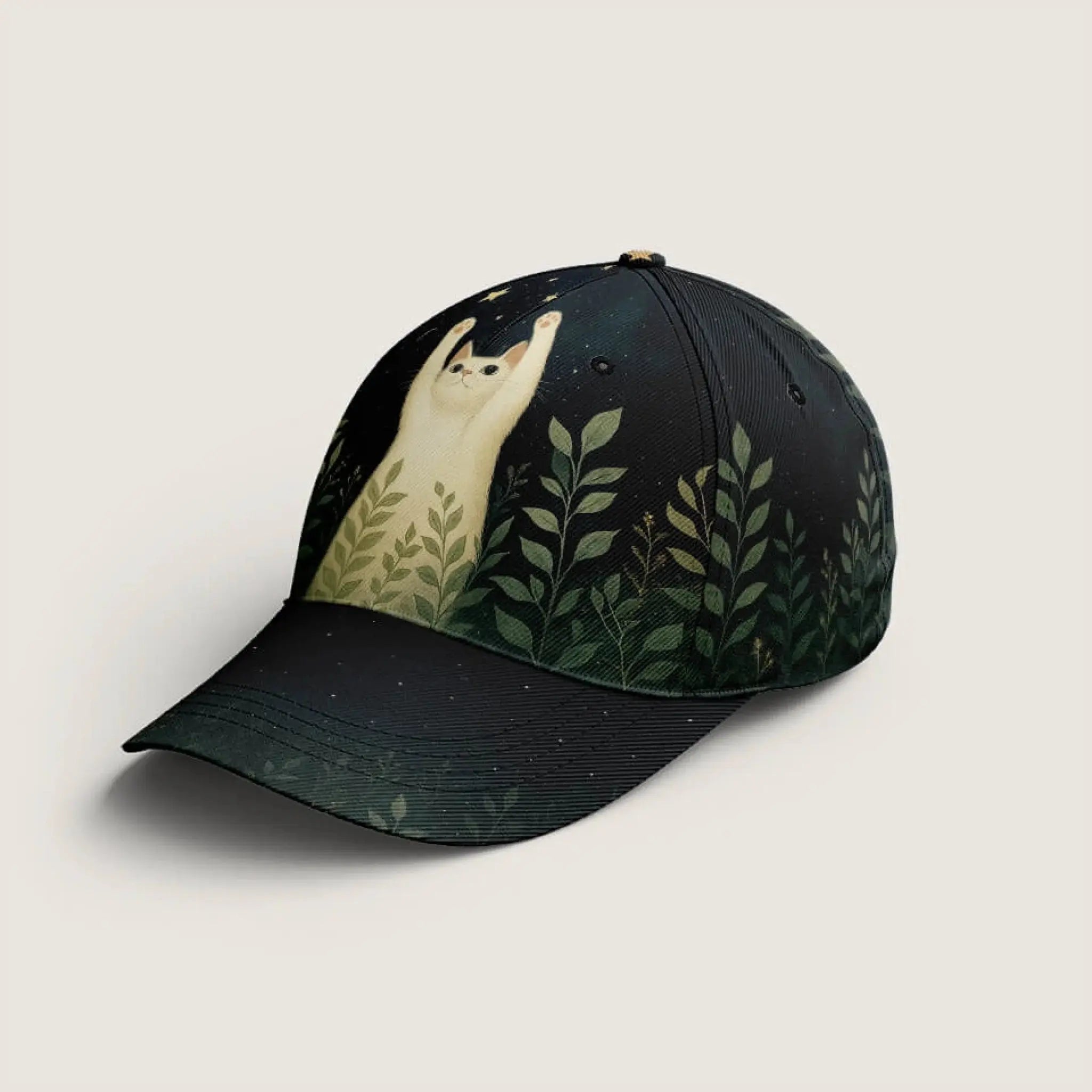 Starry night cat foliage art – left side cat hat view