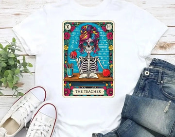 1. Skeleton Teacher Shirt – Gothic Tarot Card Design, Funny Gift for Teachers