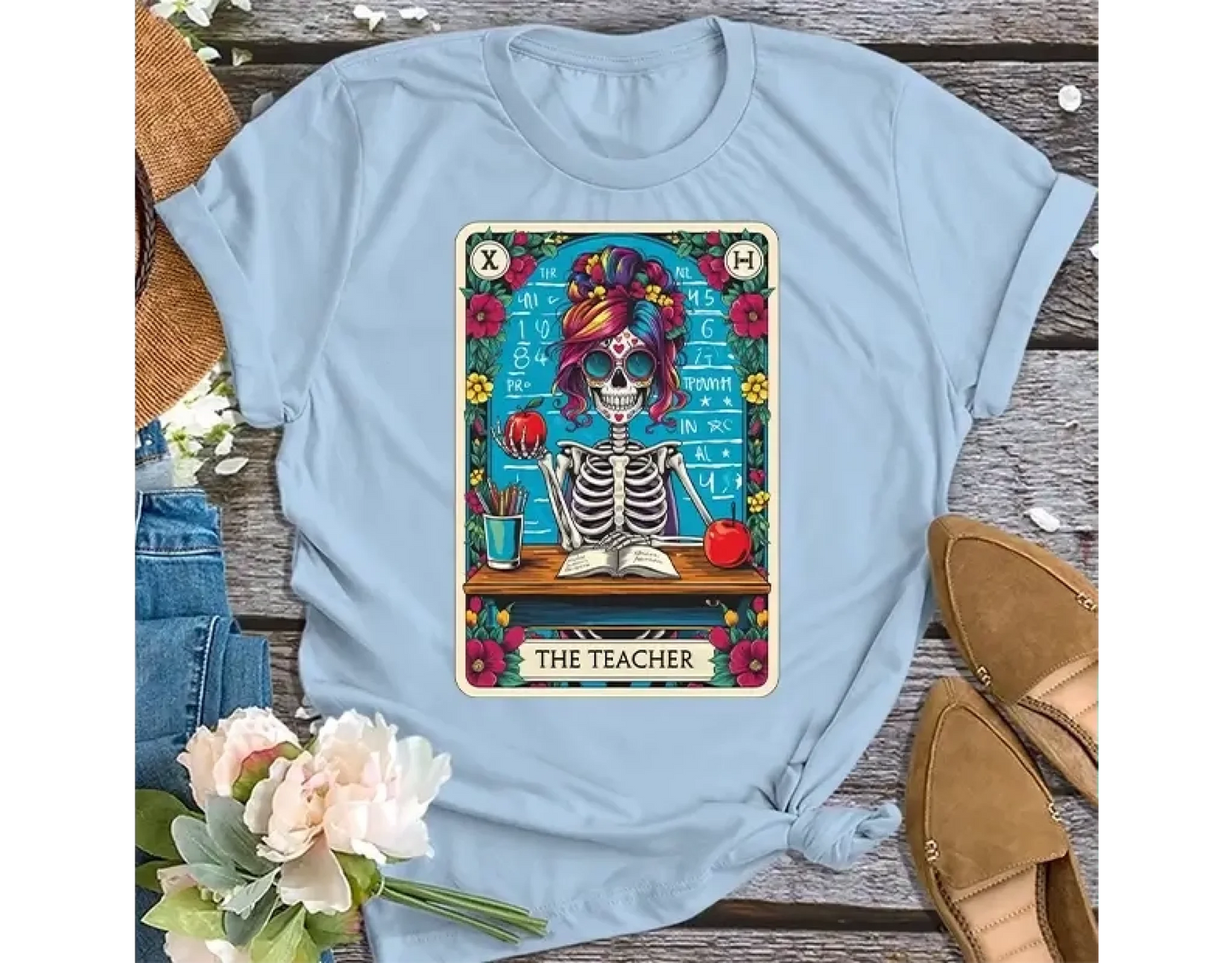 2. Skeleton Teacher Shirt – Gothic Tarot Card Design, Funny Gift for Teachers