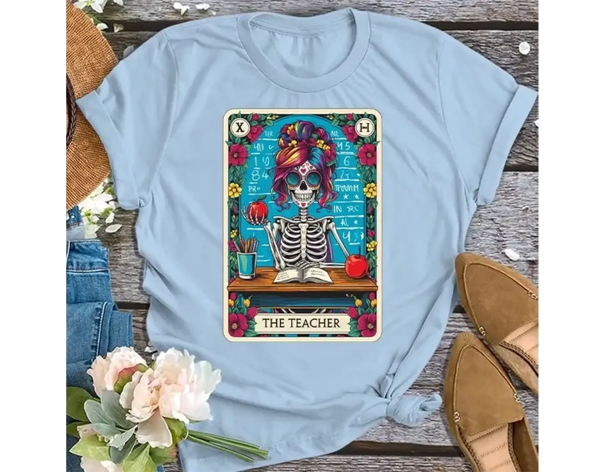 2. Skeleton Teacher Shirt – Gothic Tarot Card Design, Funny Gift for Teachers