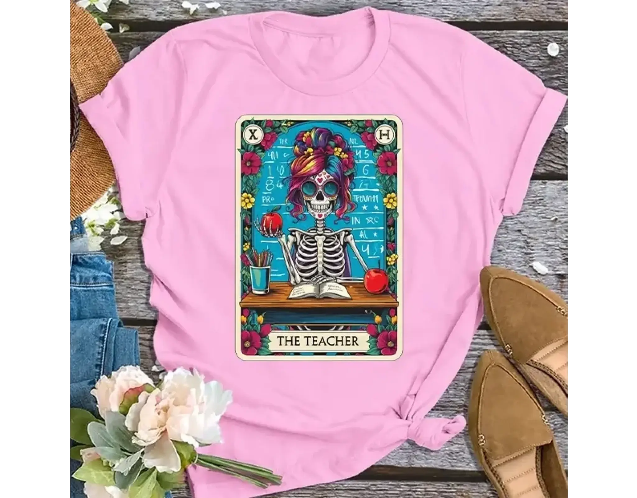 4. Skeleton Teacher Shirt – Gothic Tarot Card Design, Funny Gift for Teachers