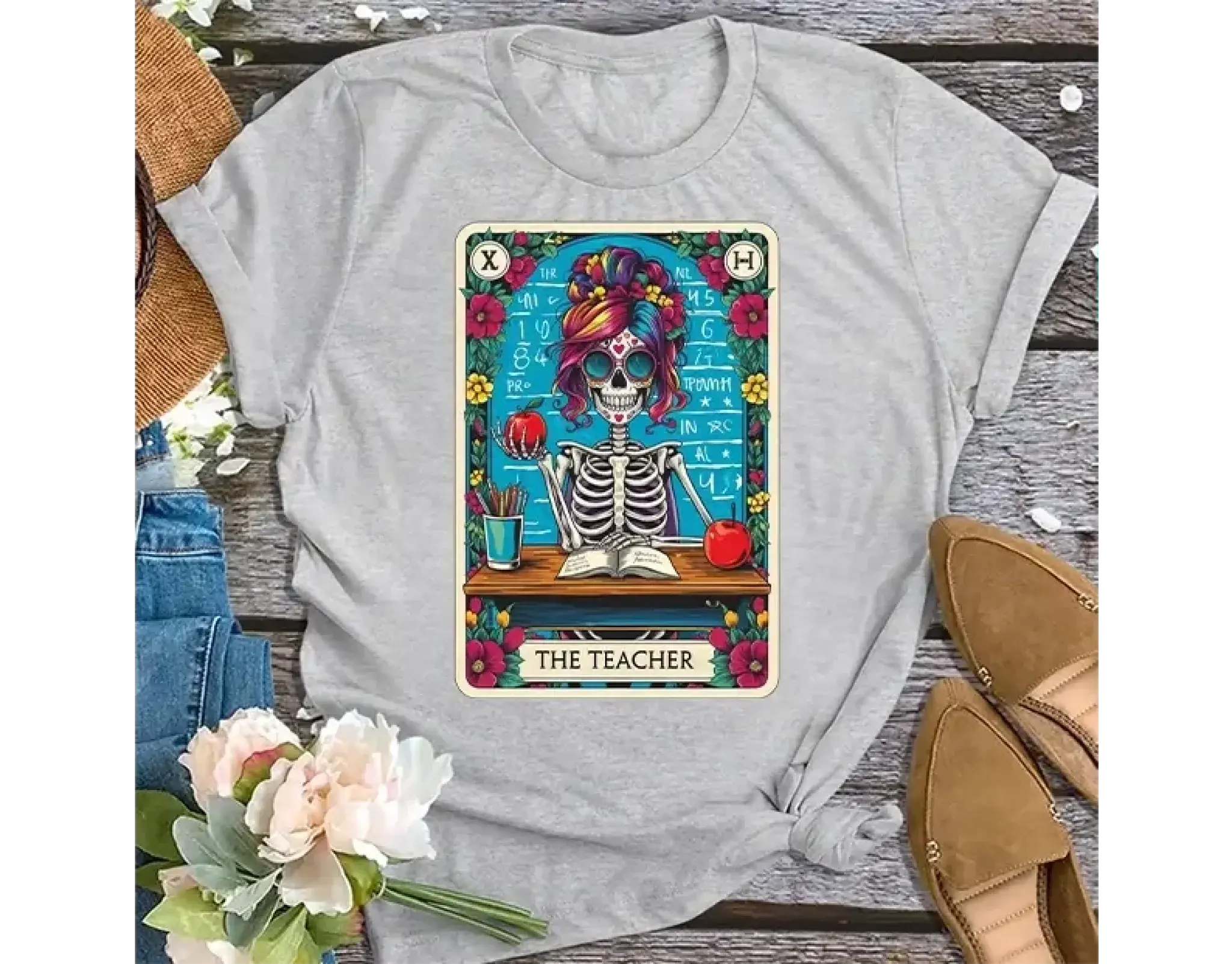 3. Skeleton Teacher Shirt – Gothic Tarot Card Design, Funny Gift for Teachers