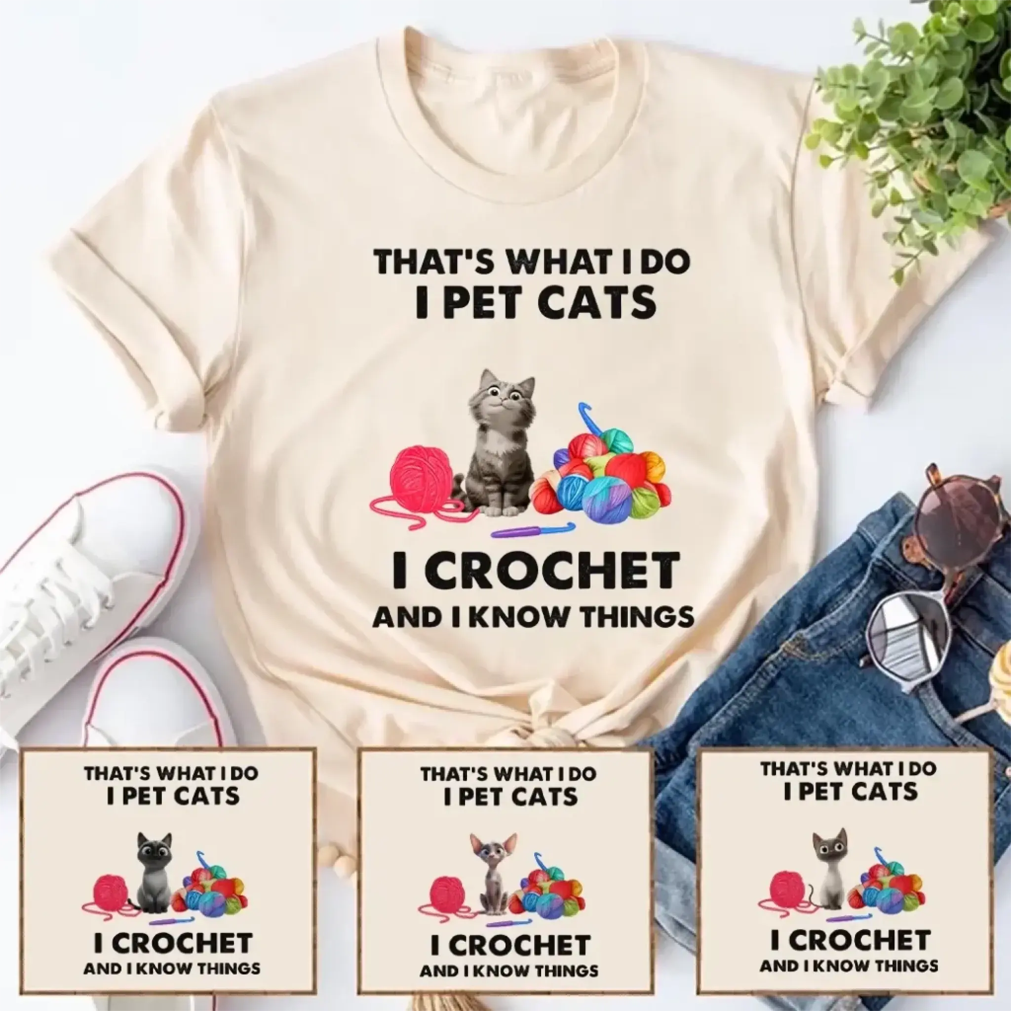 1. Funny Crochet Cat Lover T-Shirt – That's What I Do I Pet Cats and I Crochet Shirt, Gift for Women and Cat Moms