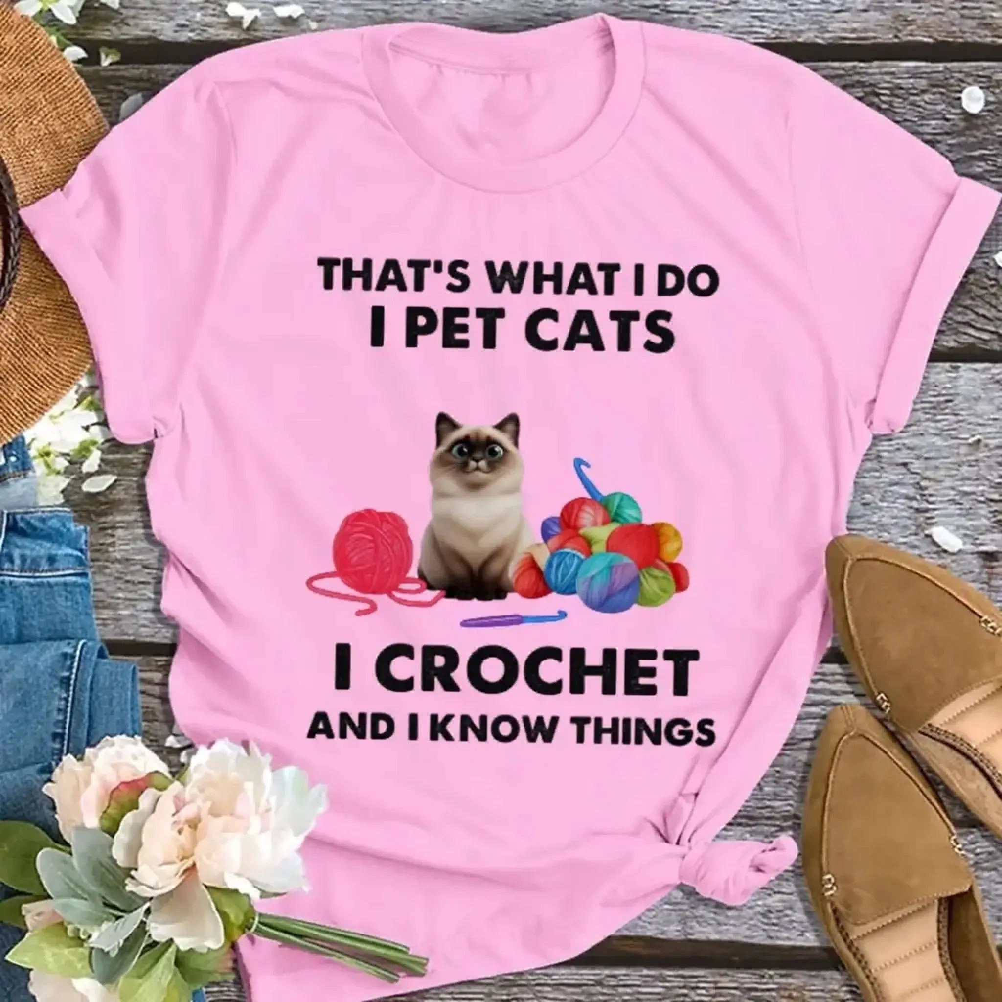 5. Funny Crochet Cat Lover T-Shirt – That's What I Do I Pet Cats and I Crochet Shirt, Gift for Women and Cat Moms