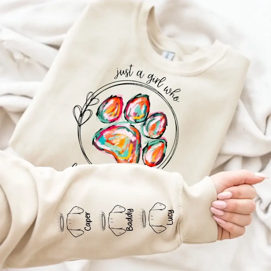 Just a Girl Who Loves Her Dogs Sweatshirt-Hoodie – Colorful Paw Print Personalized Dog Memorial Gift for Dog Moms