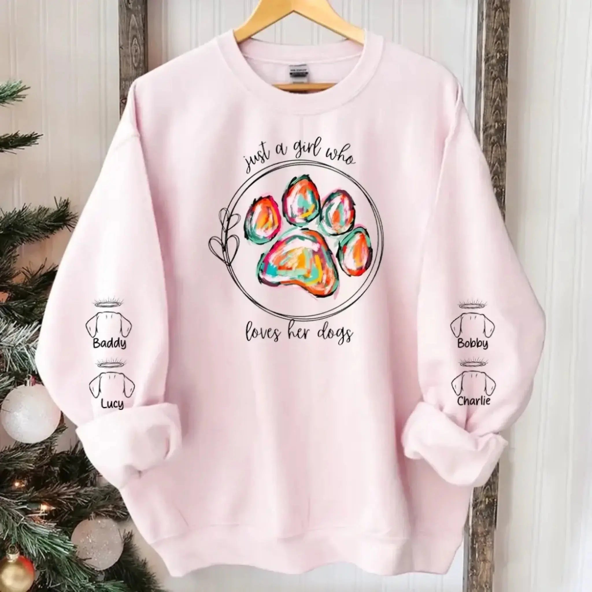 7. Just a Girl Who Loves Her Dogs Sweatshirt-Hoodie – Colorful Paw Print Personalized Dog Memorial Gift for Dog Moms