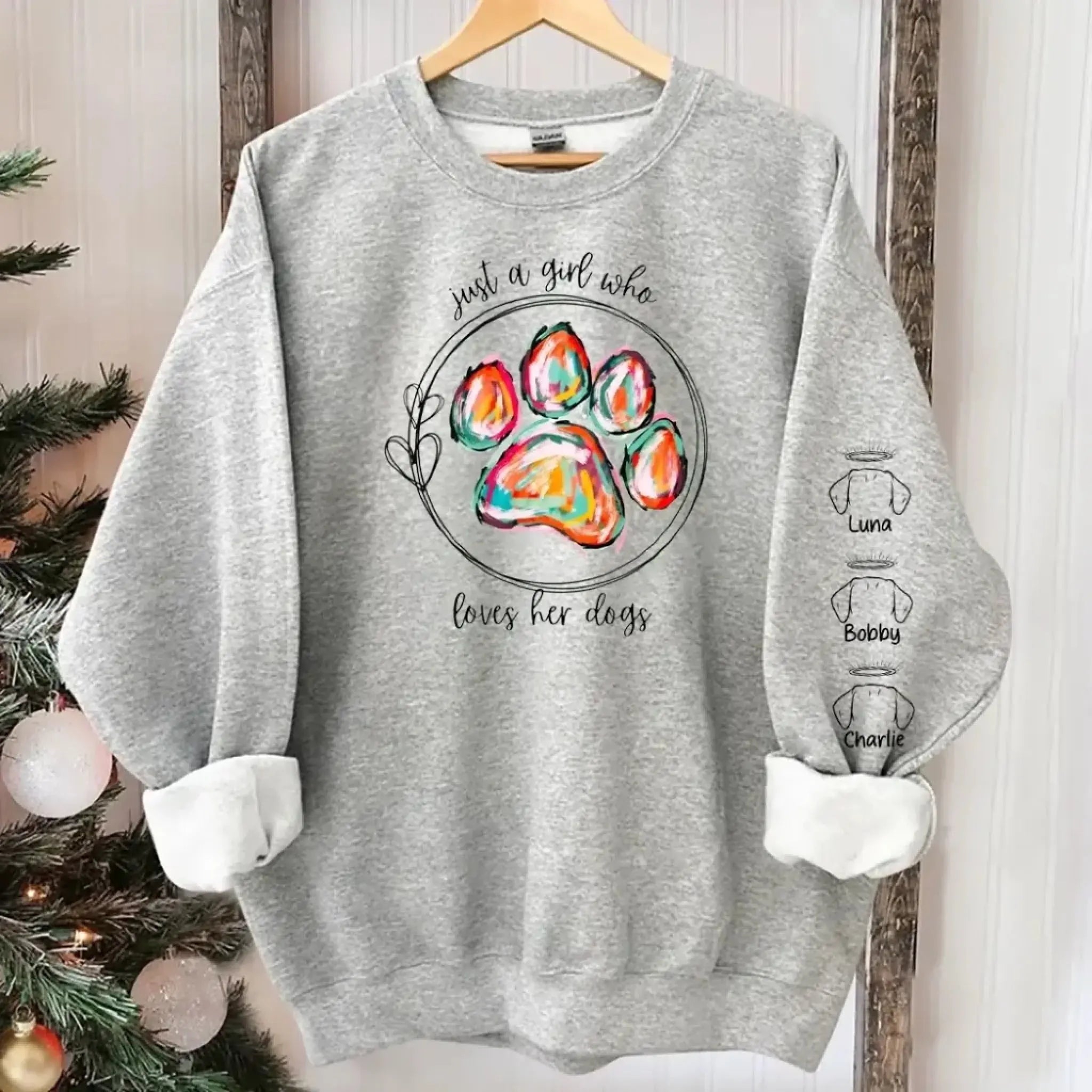 5. Just a Girl Who Loves Her Dogs Sweatshirt-Hoodie – Colorful Paw Print Personalized Dog Memorial Gift for Dog Moms