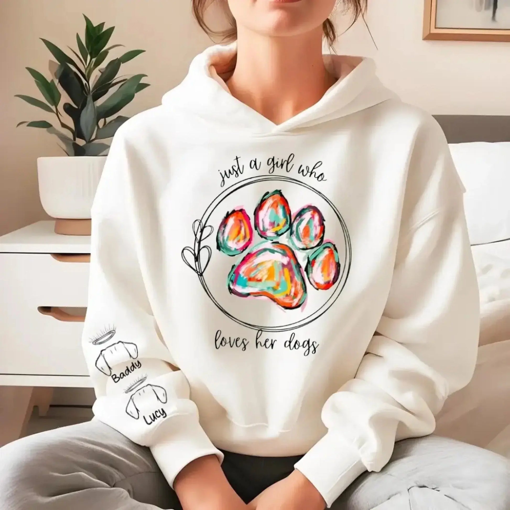 13. Just a Girl Who Loves Her Dogs Sweatshirt-Hoodie – Colorful Paw Print Personalized Dog Memorial Gift for Dog Moms