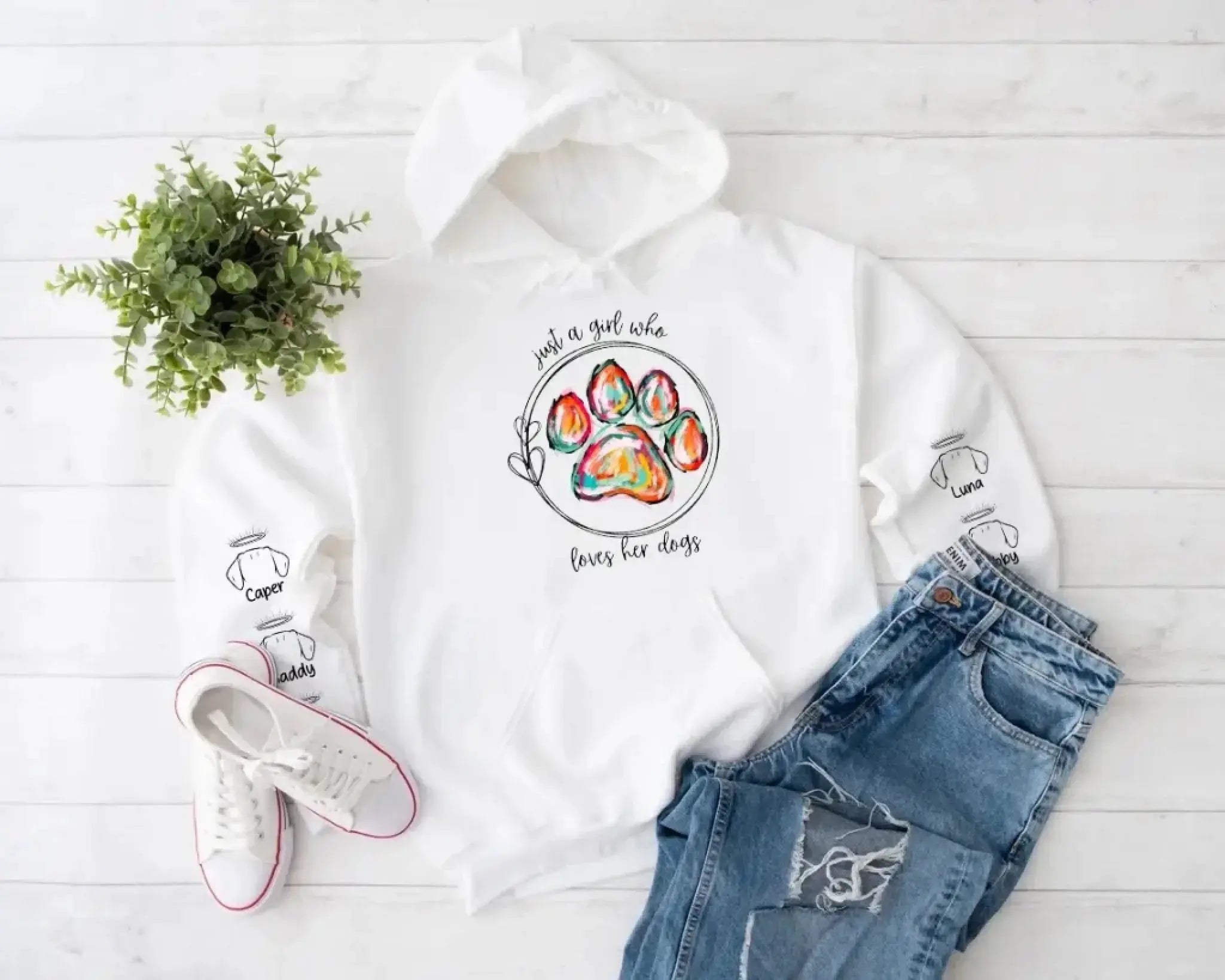 15. Just a Girl Who Loves Her Dogs Sweatshirt-Hoodie – Colorful Paw Print Personalized Dog Memorial Gift for Dog Moms