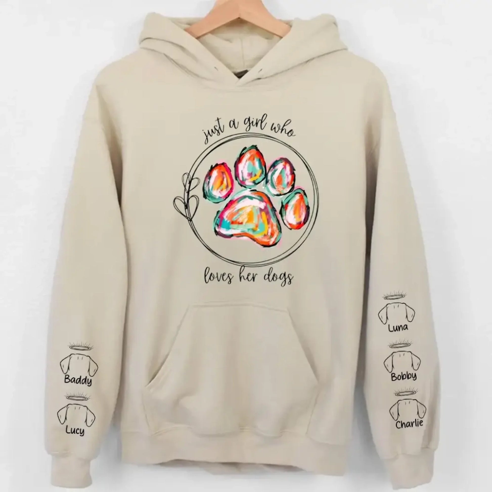2. Just a Girl Who Loves Her Dogs Sweatshirt-Hoodie – Colorful Paw Print Personalized Dog Memorial Gift for Dog Moms