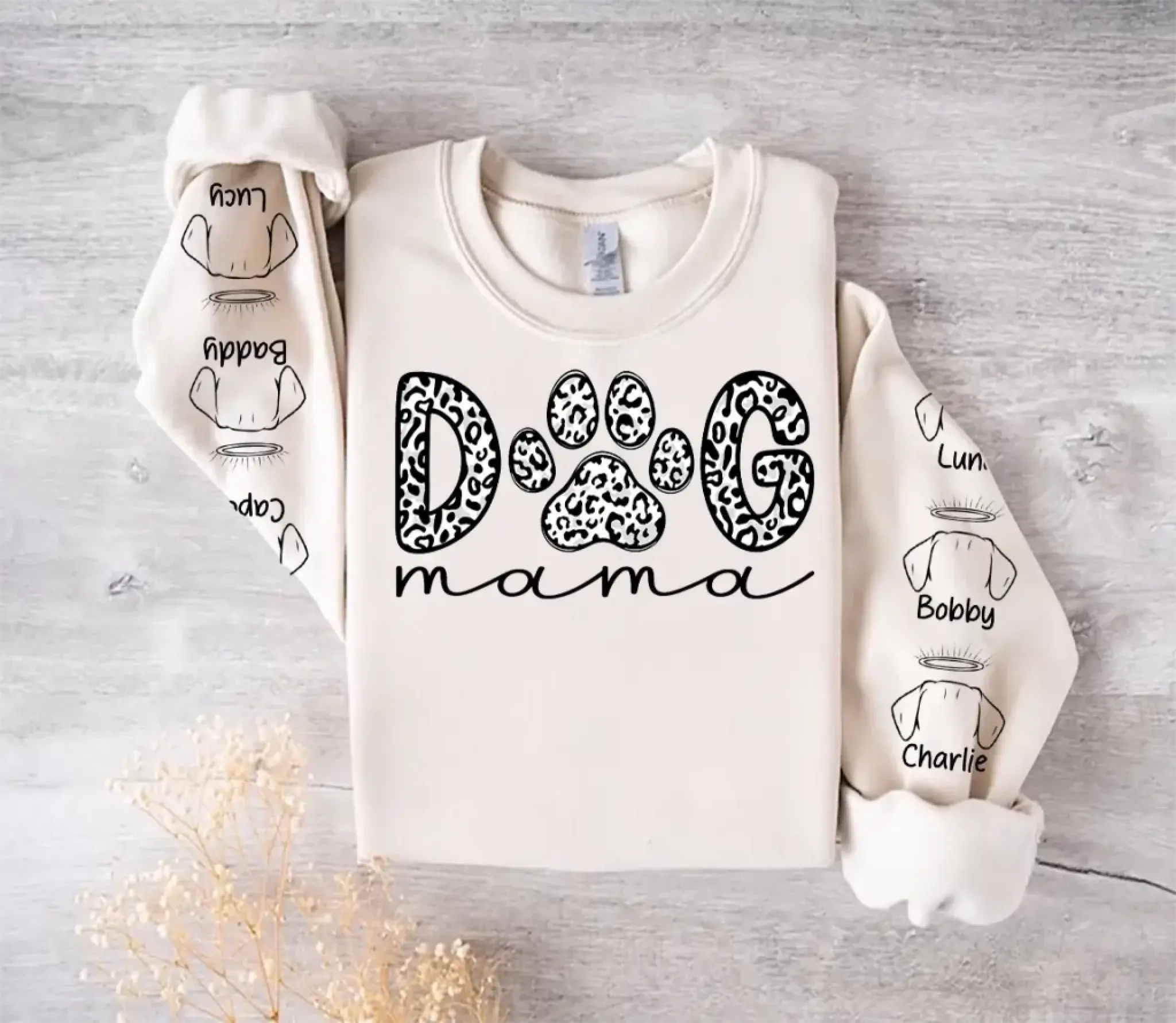 6. Dog Mama Leopard Paw Sweatshirt,Hoodie – Personalized Dog Names on Sleeves, Cute Gift for Dog Lovers