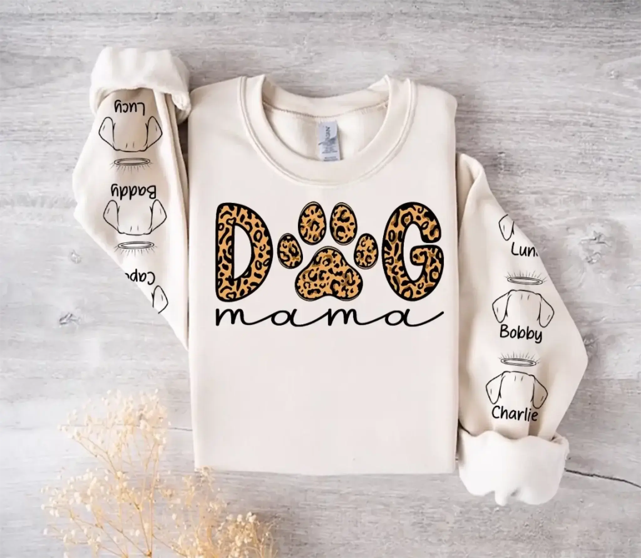 5. Dog Mama Leopard Paw Sweatshirt,Hoodie – Personalized Dog Names on Sleeves, Cute Gift for Dog Lovers