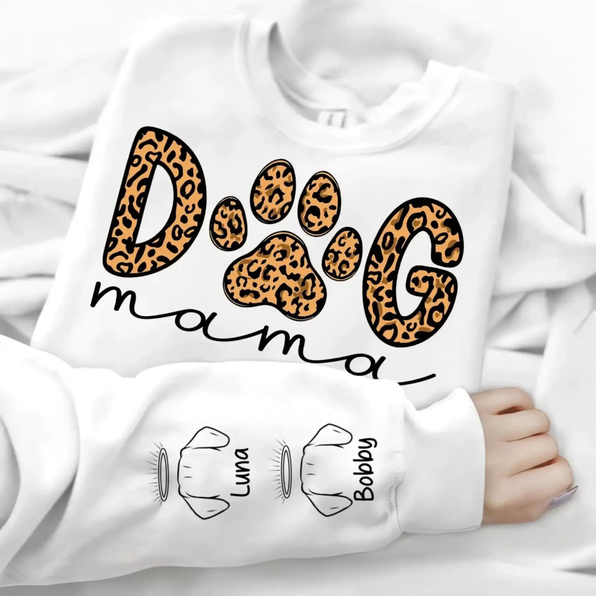 8. Dog Mama Leopard Paw Sweatshirt,Hoodie – Personalized Dog Names on Sleeves, Cute Gift for Dog Lovers