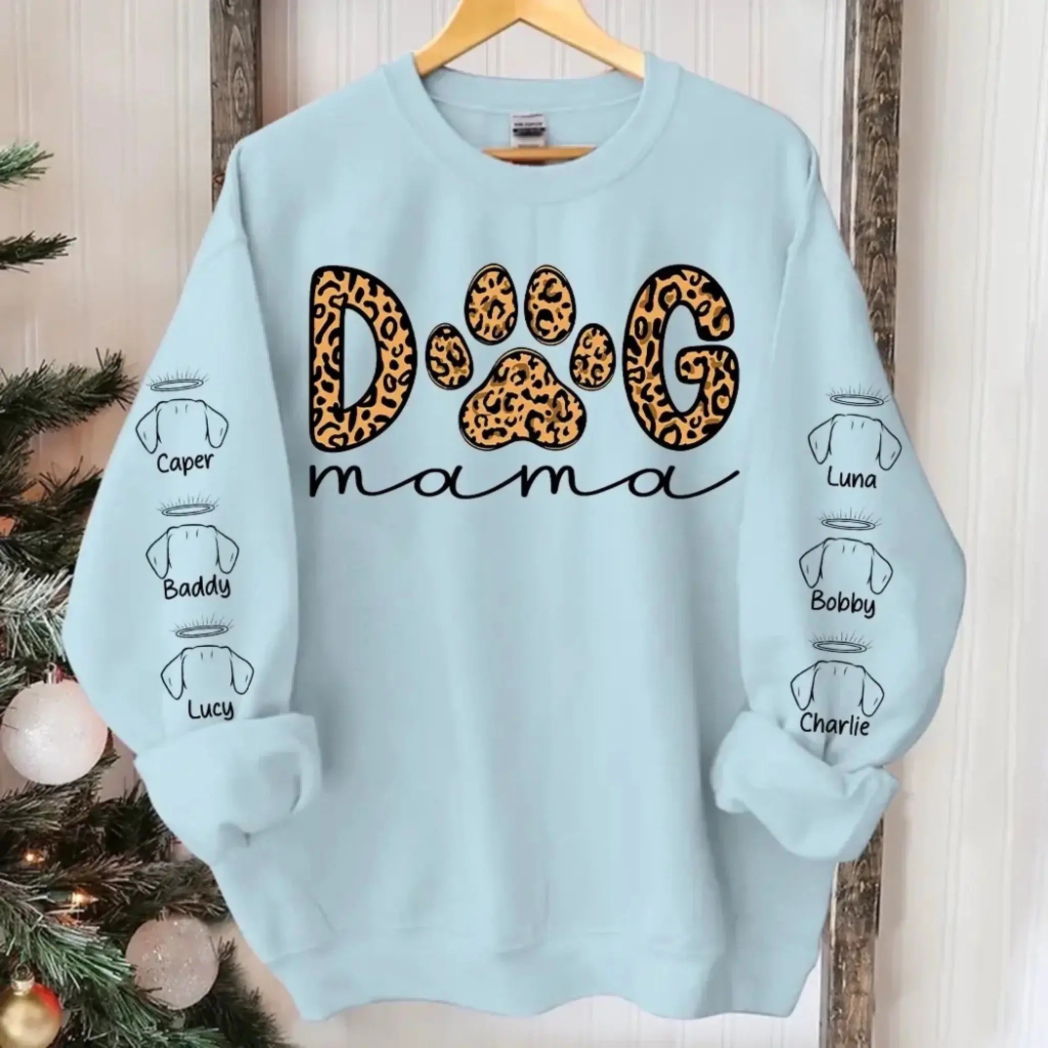 4. Dog Mama Leopard Paw Sweatshirt,Hoodie – Personalized Dog Names on Sleeves, Cute Gift for Dog Lovers