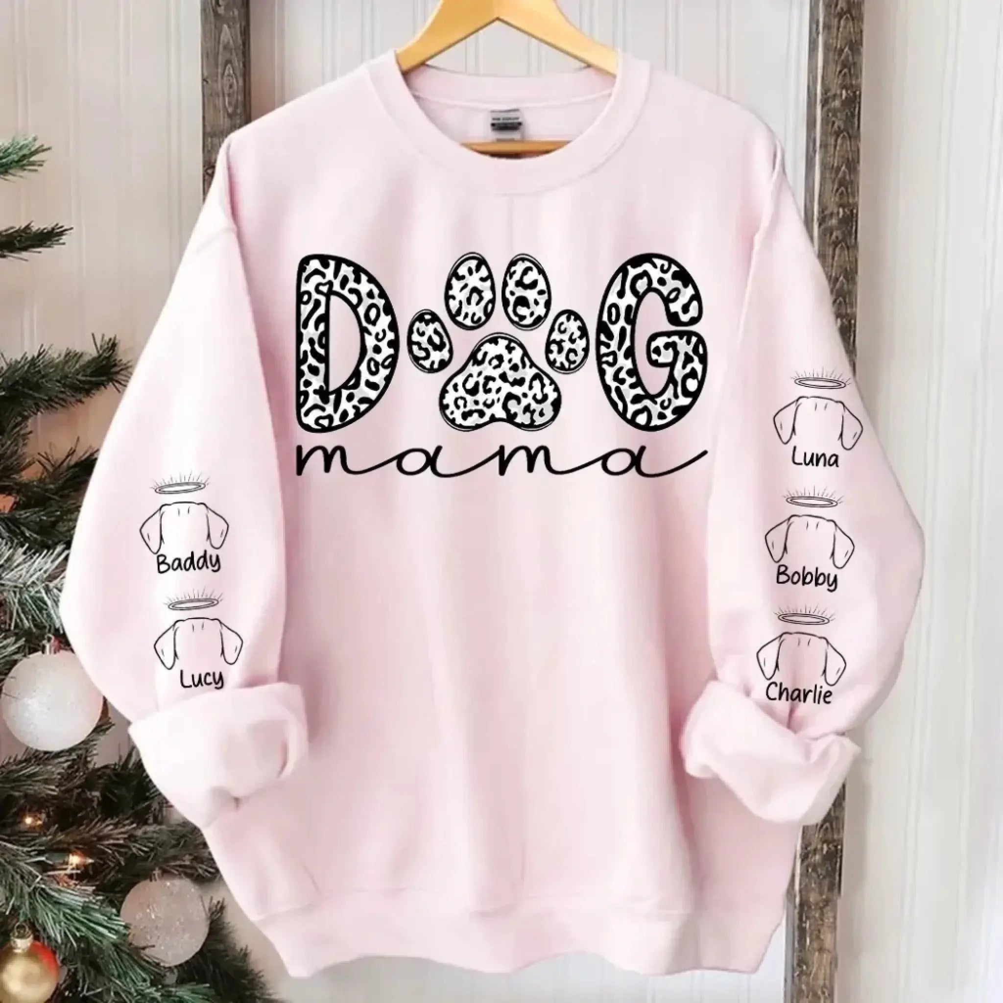 2. Dog Mama Leopard Paw Sweatshirt,Hoodie – Personalized Dog Names on Sleeves, Cute Gift for Dog Lovers