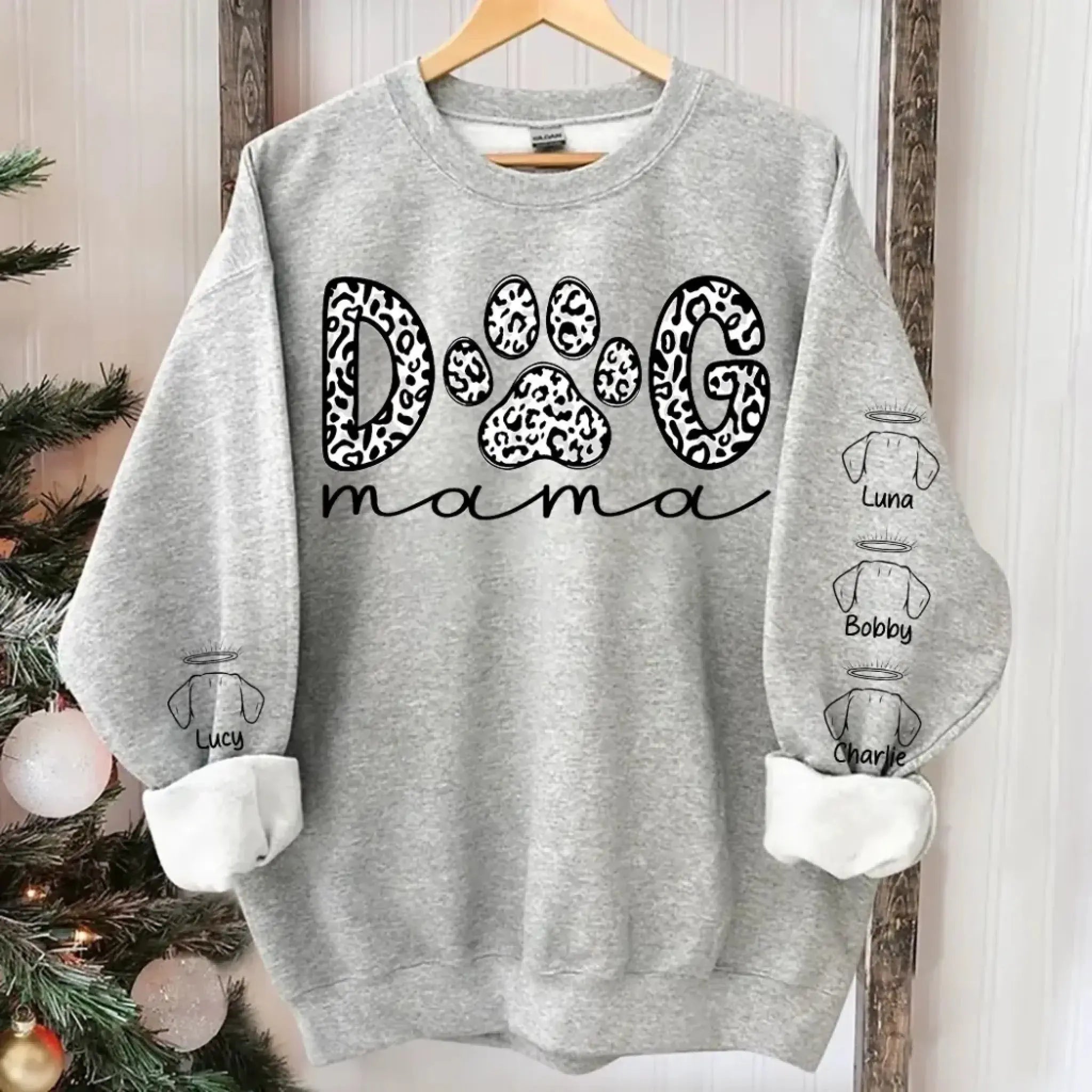 3. Dog Mama Leopard Paw Sweatshirt,Hoodie – Personalized Dog Names on Sleeves, Cute Gift for Dog Lovers