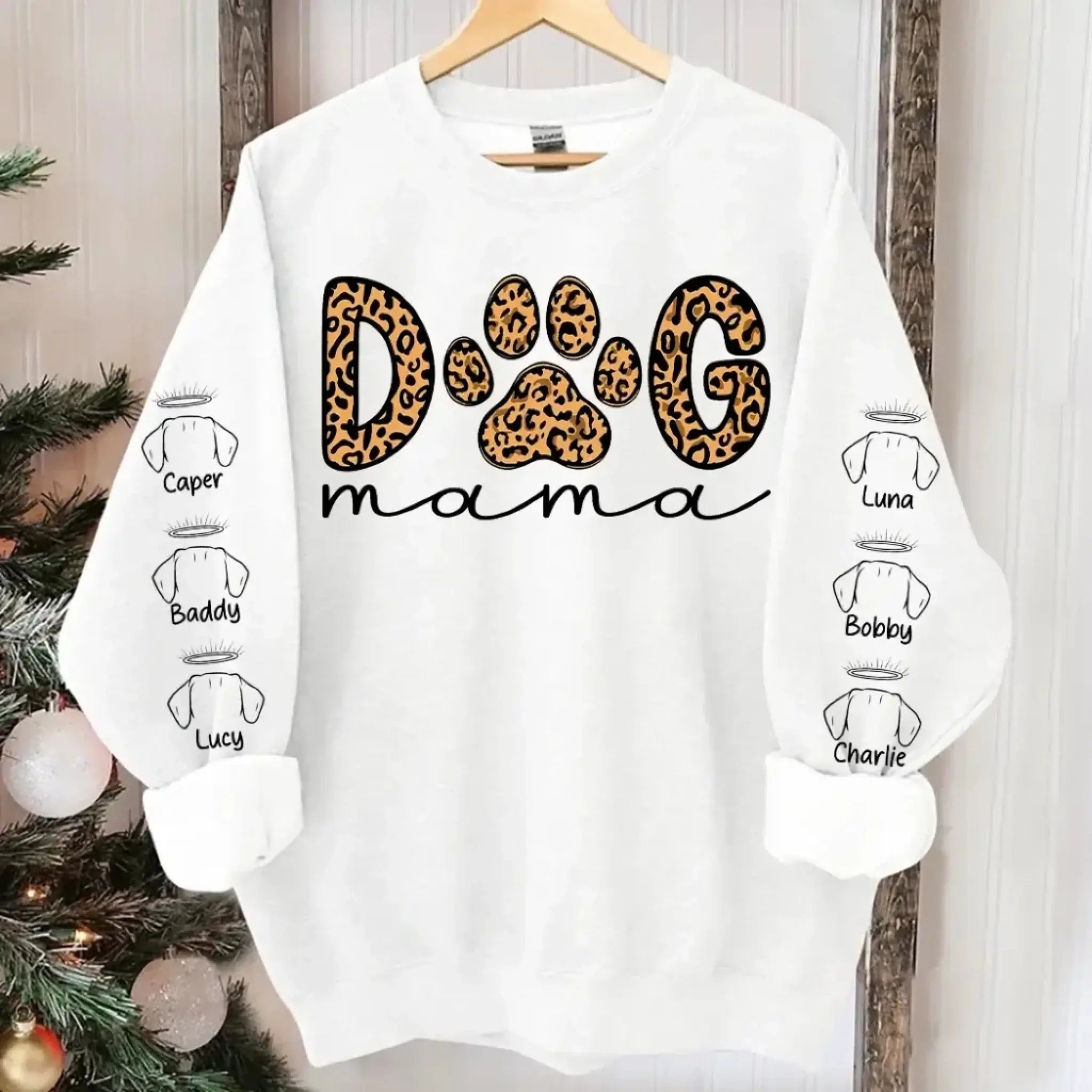 1. Dog Mama Leopard Paw Sweatshirt,Hoodie – Personalized Dog Names on Sleeves, Cute Gift for Dog Lovers