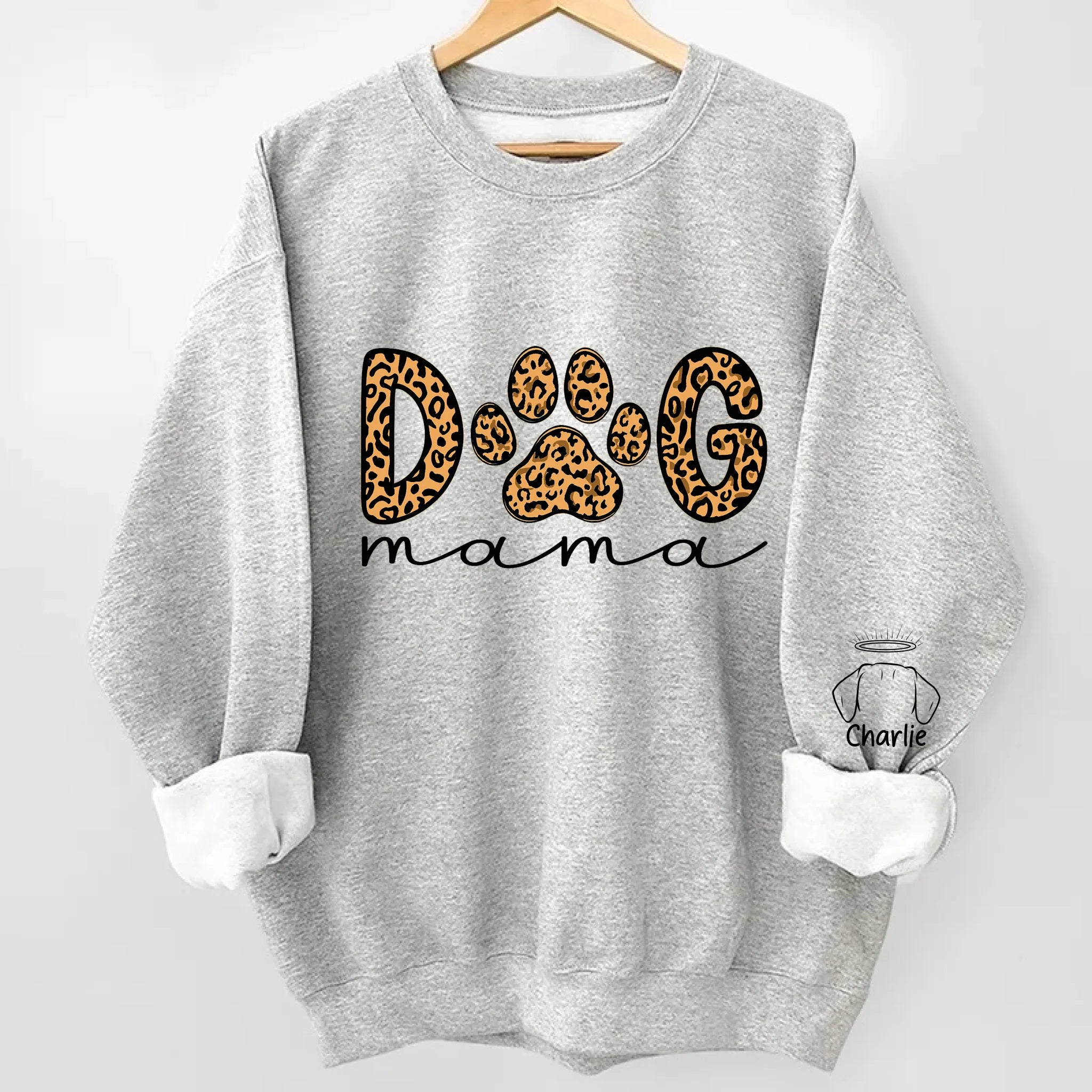 Dog Mama Leopard Paw Sweatshirt/Hoodie – Personalized Dog Names on Sleeves, Cute Gift for Dog Lovers
