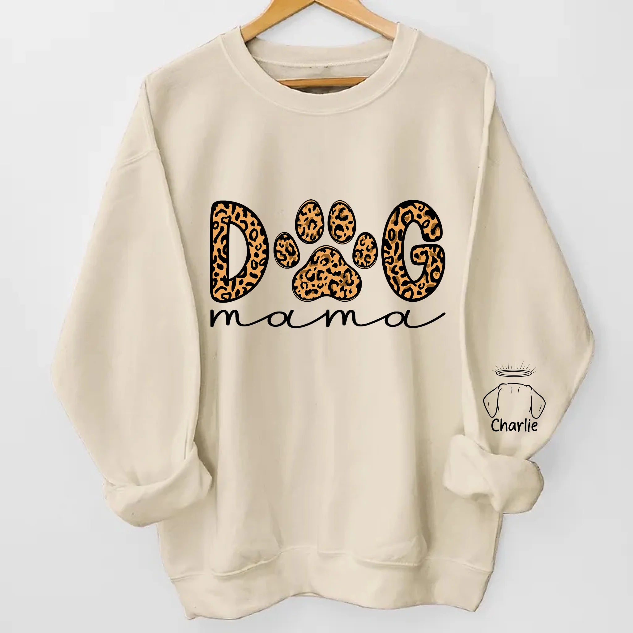 Dog Mama Leopard Paw Sweatshirt/Hoodie – Personalized Dog Names on Sleeves, Cute Gift for Dog Lovers