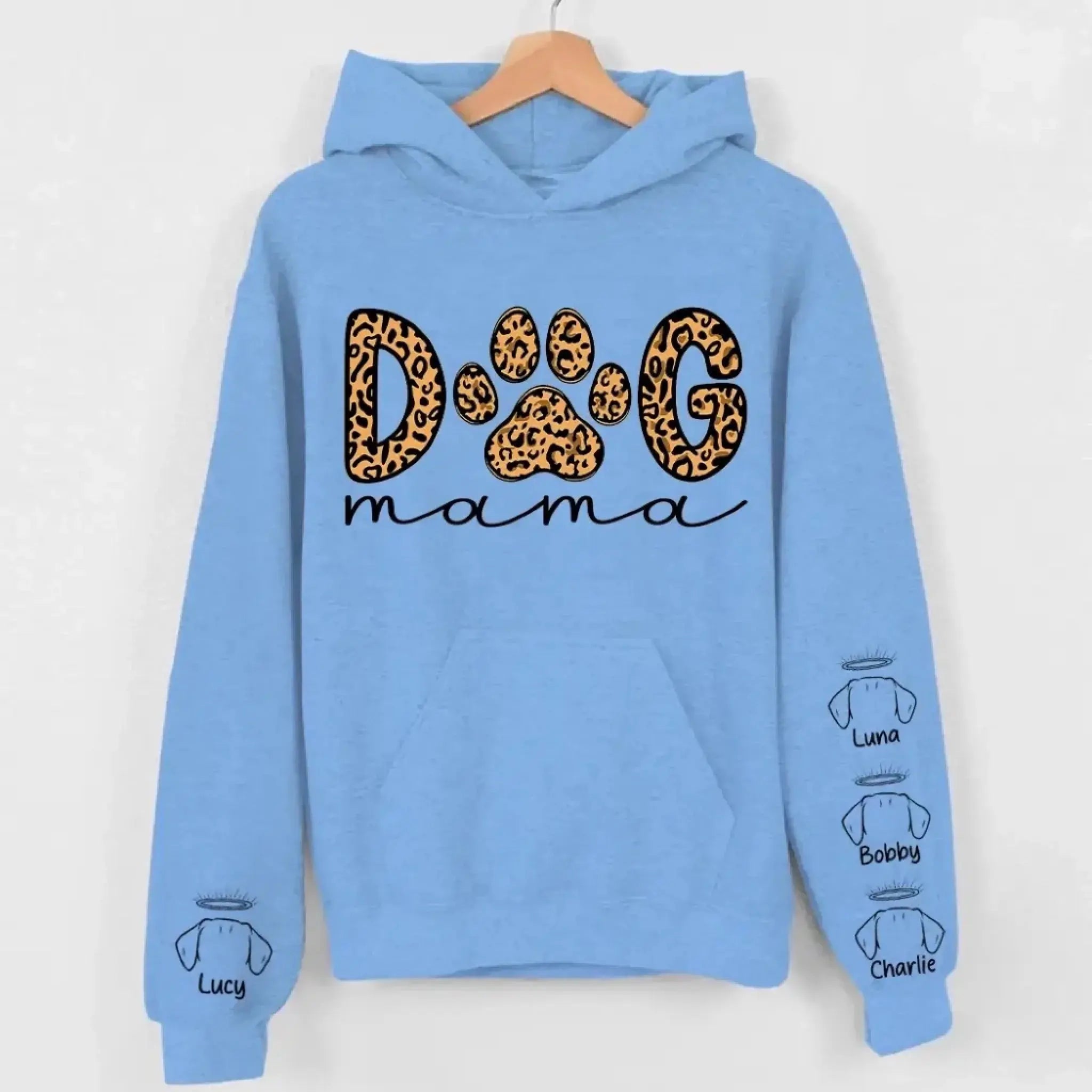 11. Dog Mama Leopard Paw Sweatshirt.Hoodie – Personalized Dog Names on Sleeves, Cute Gift for Dog Lovers