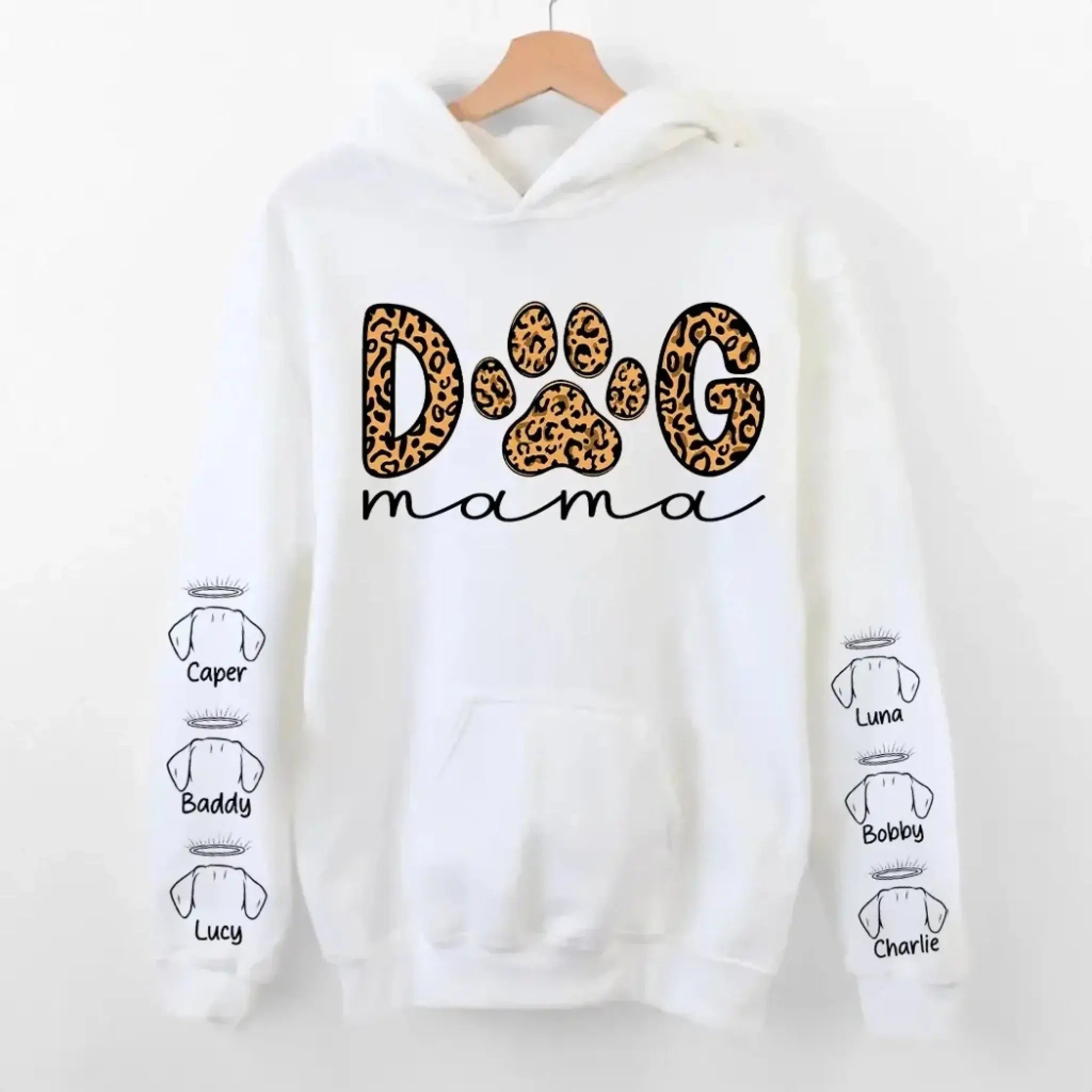 9. Dog Mama Leopard Paw Sweatshirt,Hoodie – Personalized Dog Names on Sleeves, Cute Gift for Dog Lovers