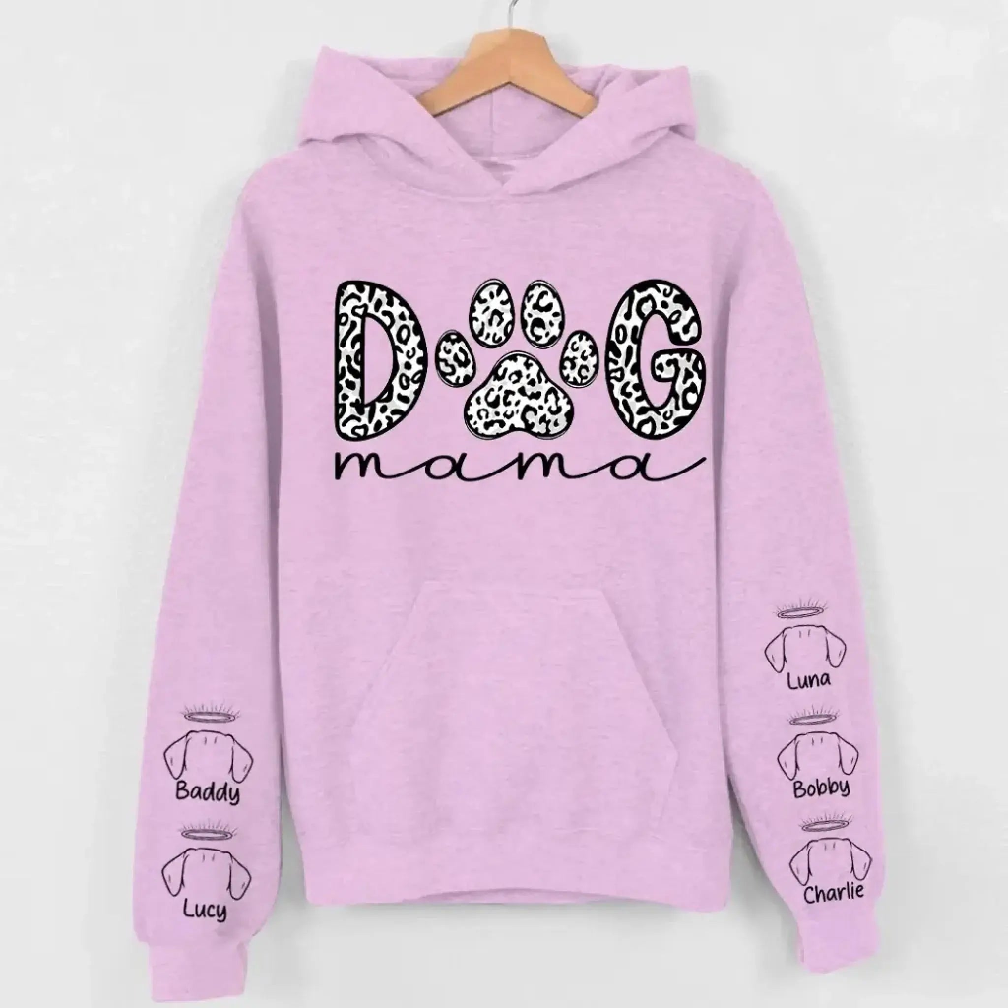 10. Dog Mama Leopard Paw Sweatshirt,Hoodie – Personalized Dog Names on Sleeves, Cute Gift for Dog Lovers