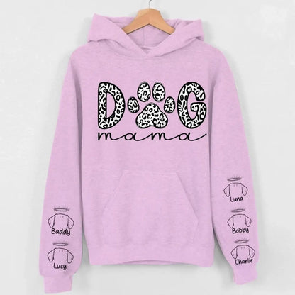 10. Dog Mama Leopard Paw Sweatshirt,Hoodie – Personalized Dog Names on Sleeves, Cute Gift for Dog Lovers