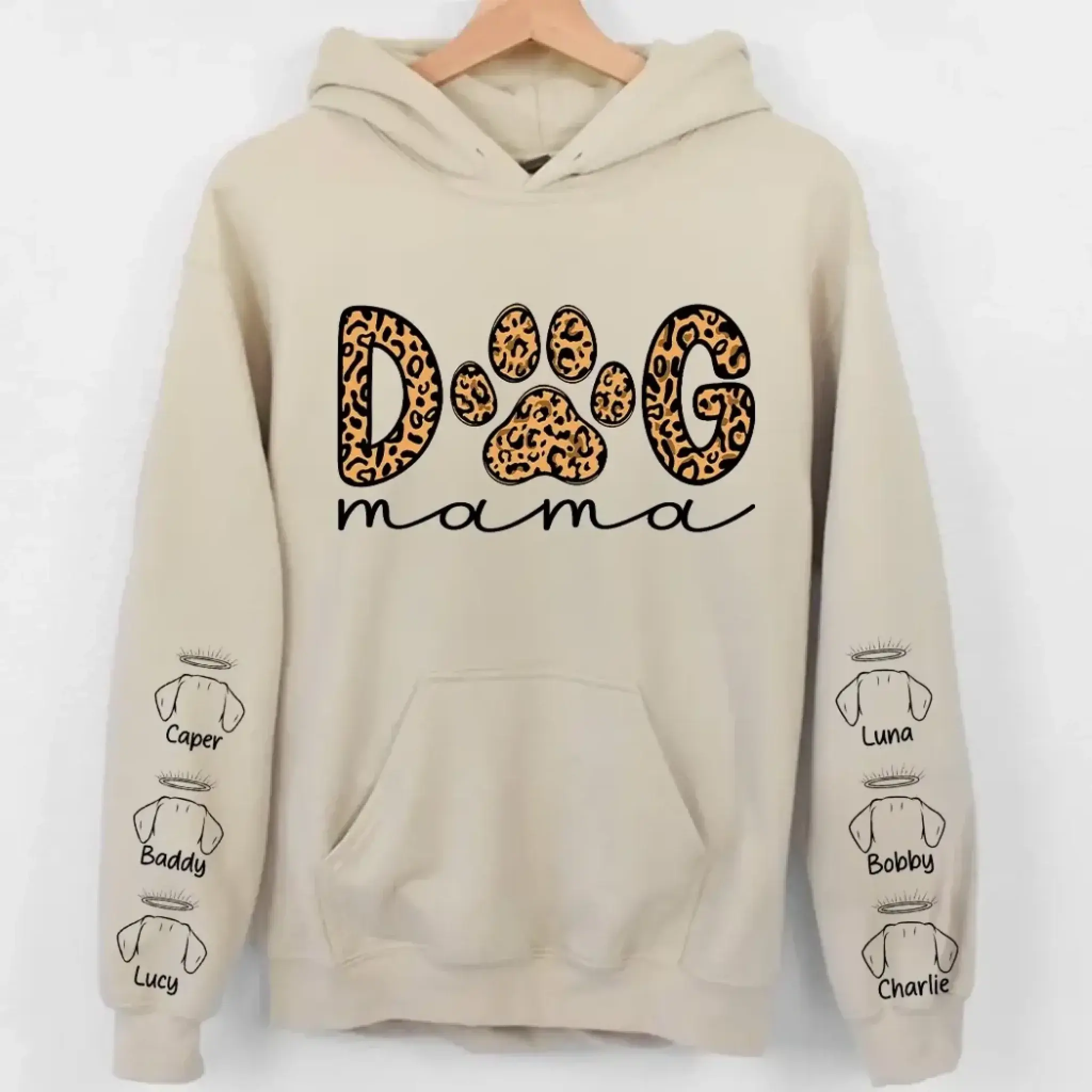 14. Dog Mama Leopard Paw Sweatshirt,Hoodie – Personalized Dog Names on Sleeves, Cute Gift for Dog Lovers