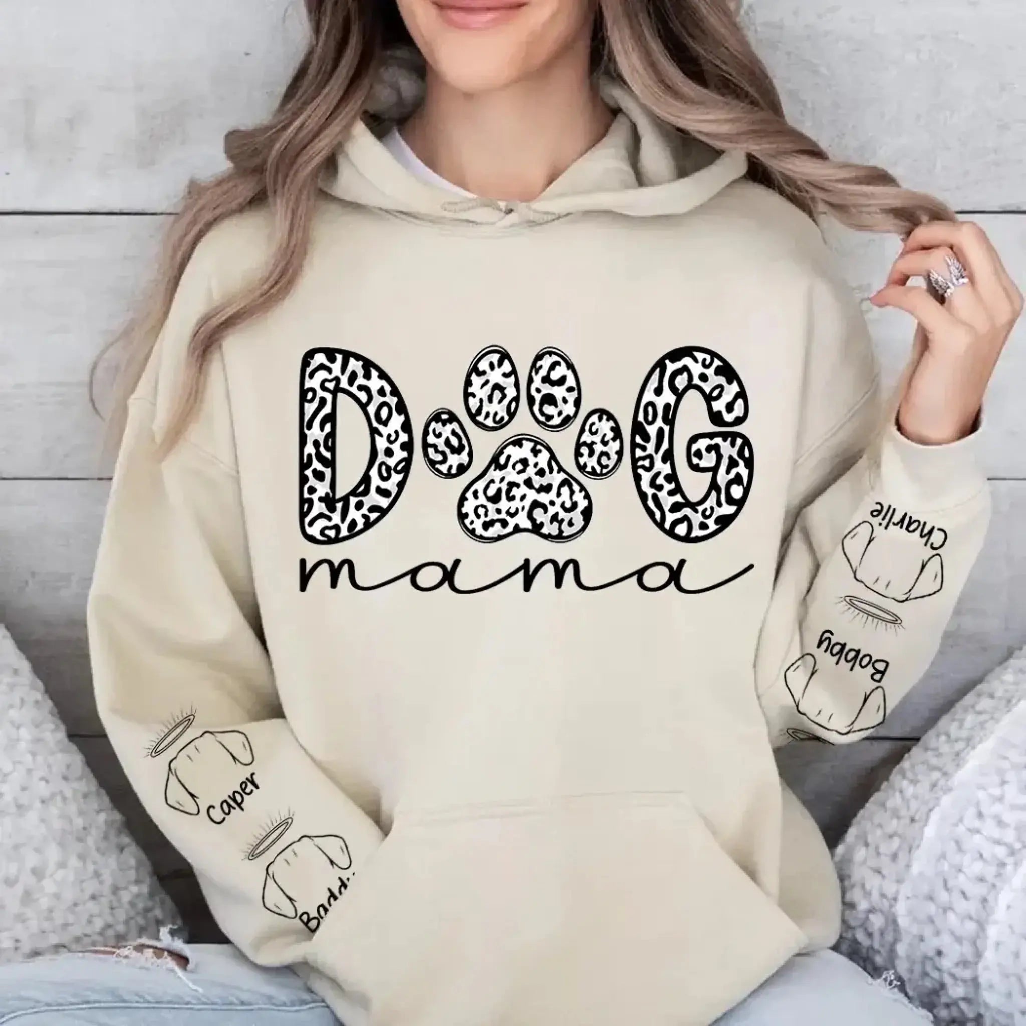 13. Dog Mama Leopard Paw Sweatshirt,Hoodie – Personalized Dog Names on Sleeves, Cute Gift for Dog Lovers