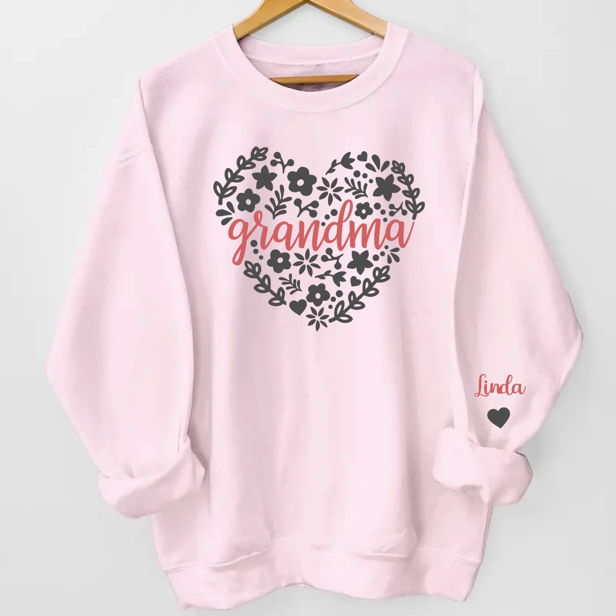 Floral Heart Sweatshirt Gift for Grandma with Names on Sleeves