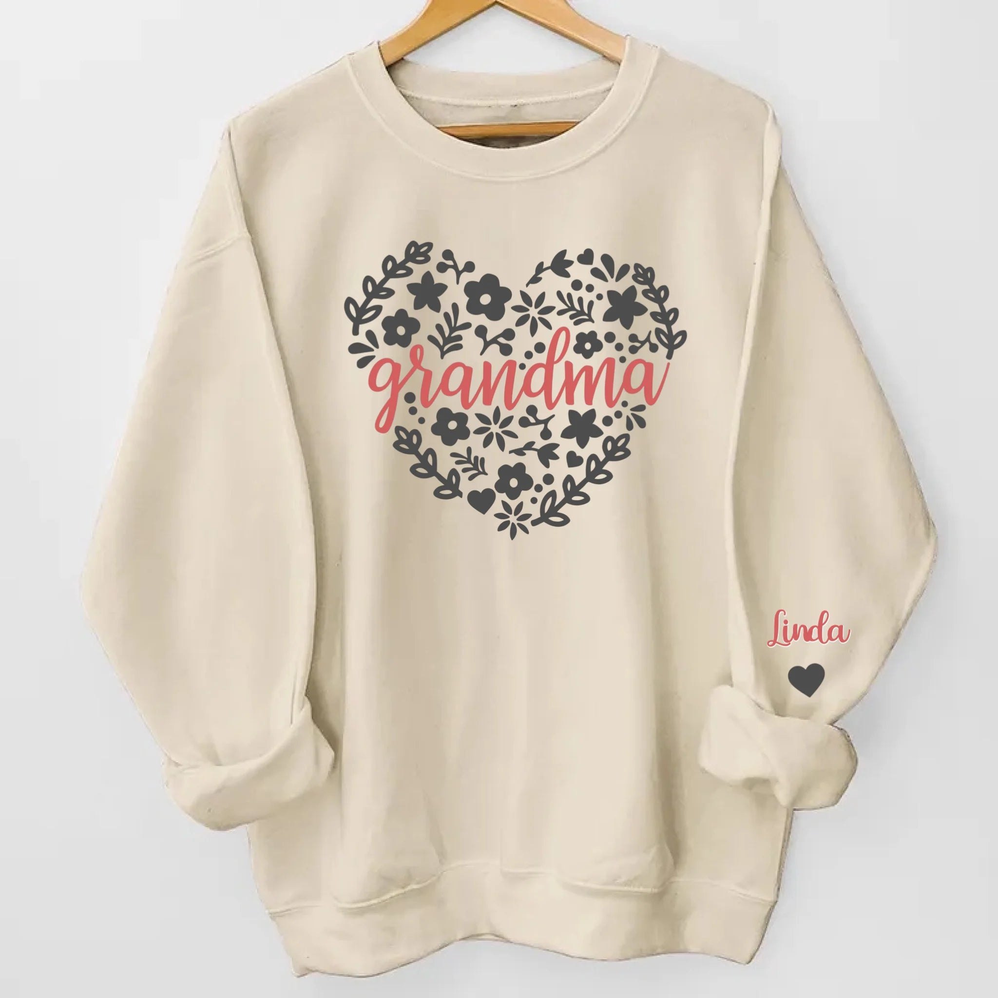 Floral Heart Sweatshirt Gift for Grandma with Names on Sleeves