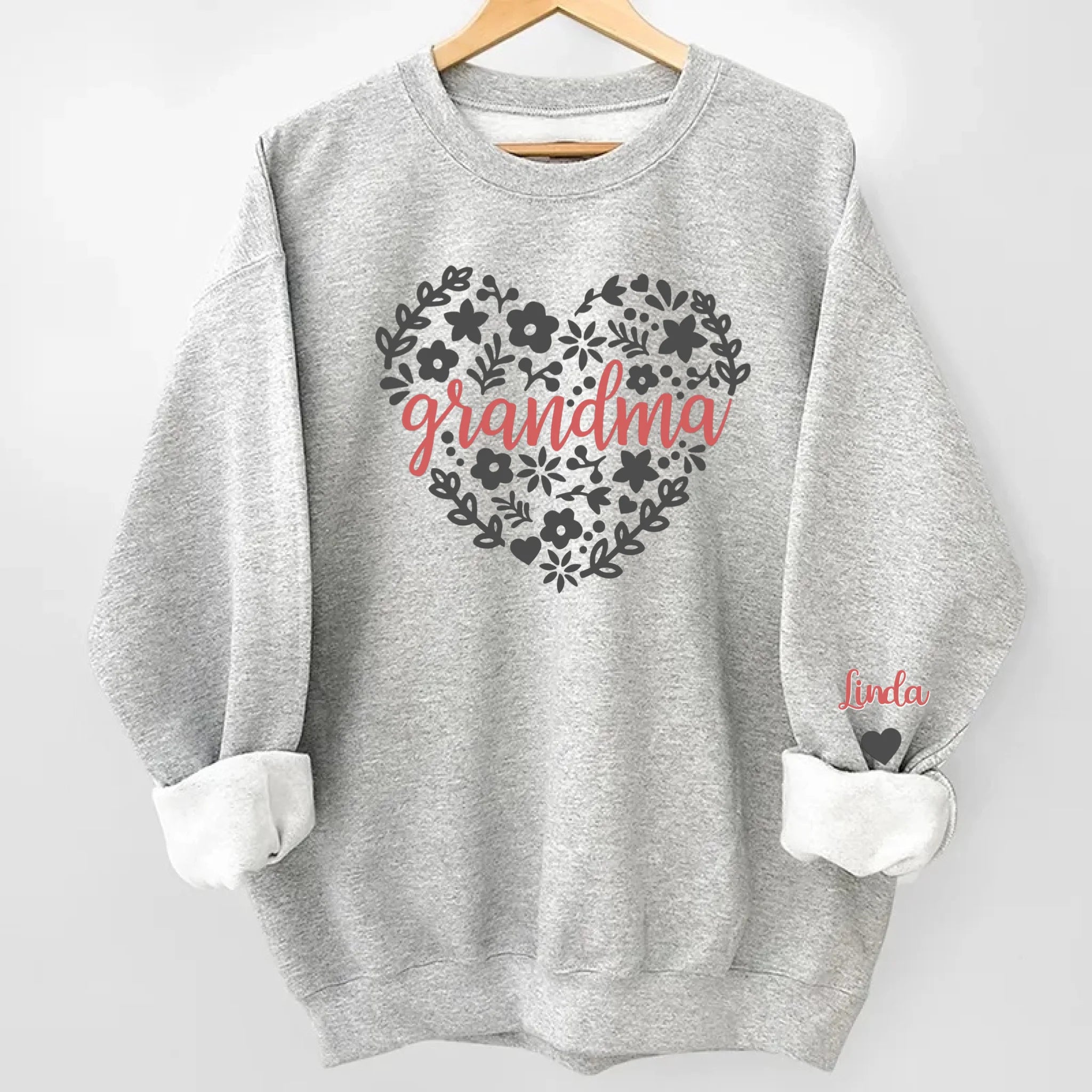 Floral Heart Sweatshirt Gift for Grandma with Names on Sleeves