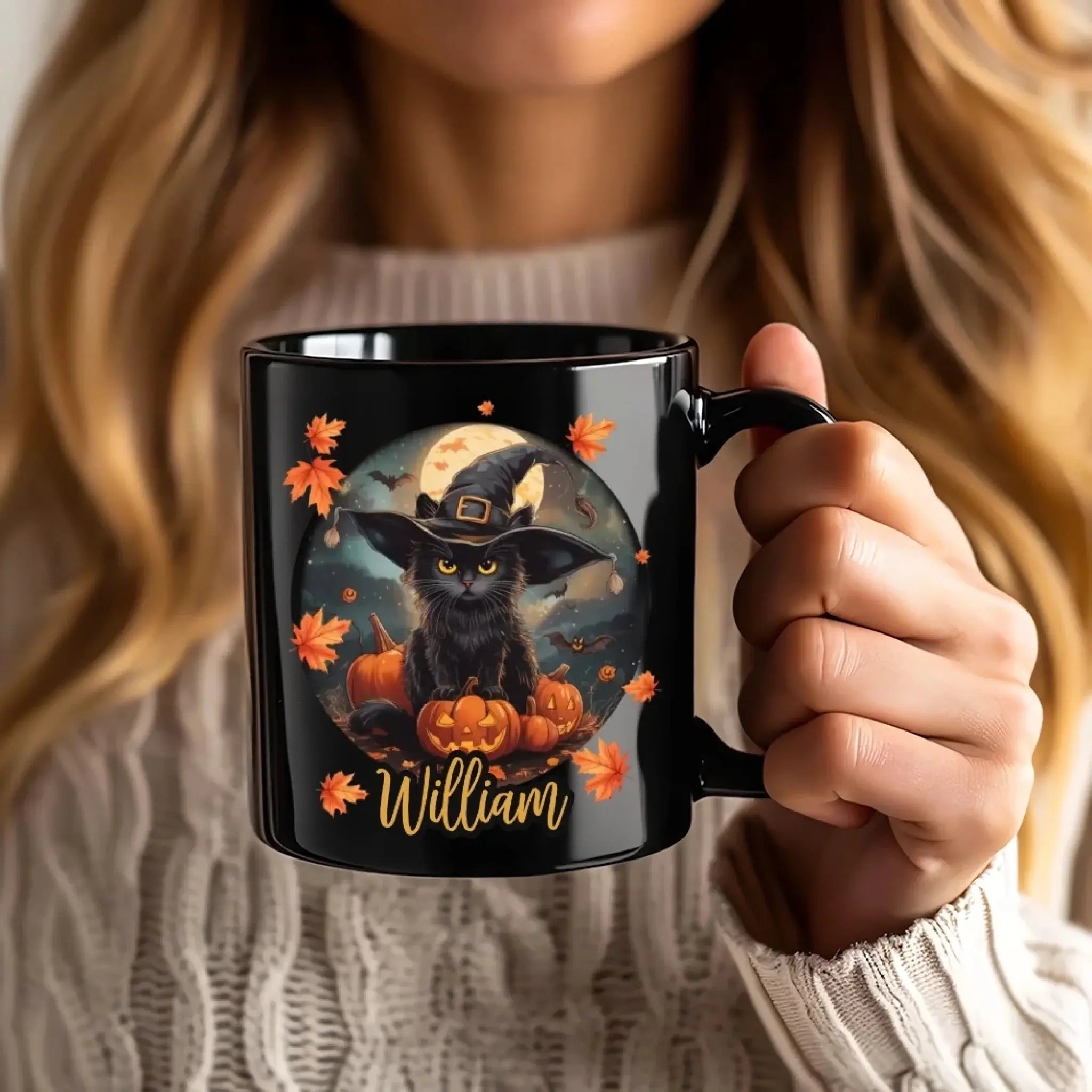 2. Halloween Mug with Cute Witch Cat, Custom Name Mug Gift For Halloween