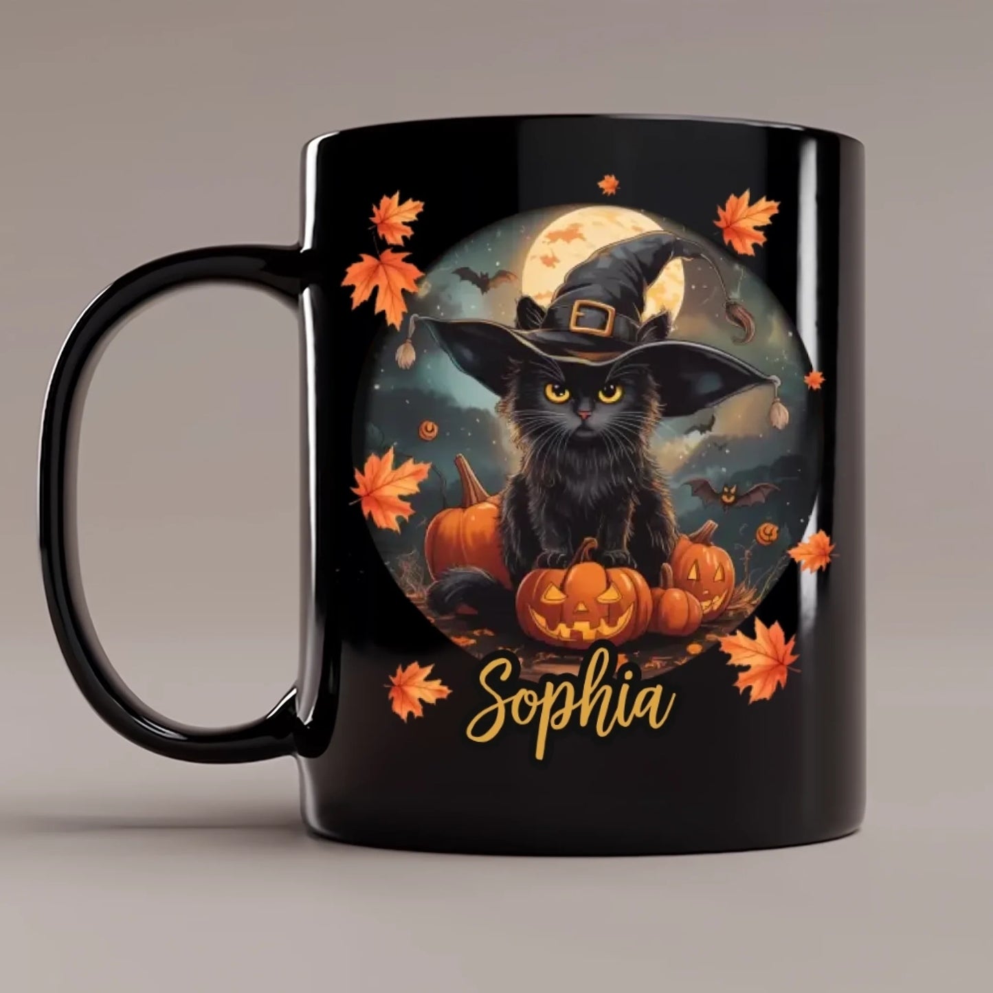 3. Halloween Mug with Cute Witch Cat, Custom Name Mug Gift For Halloween