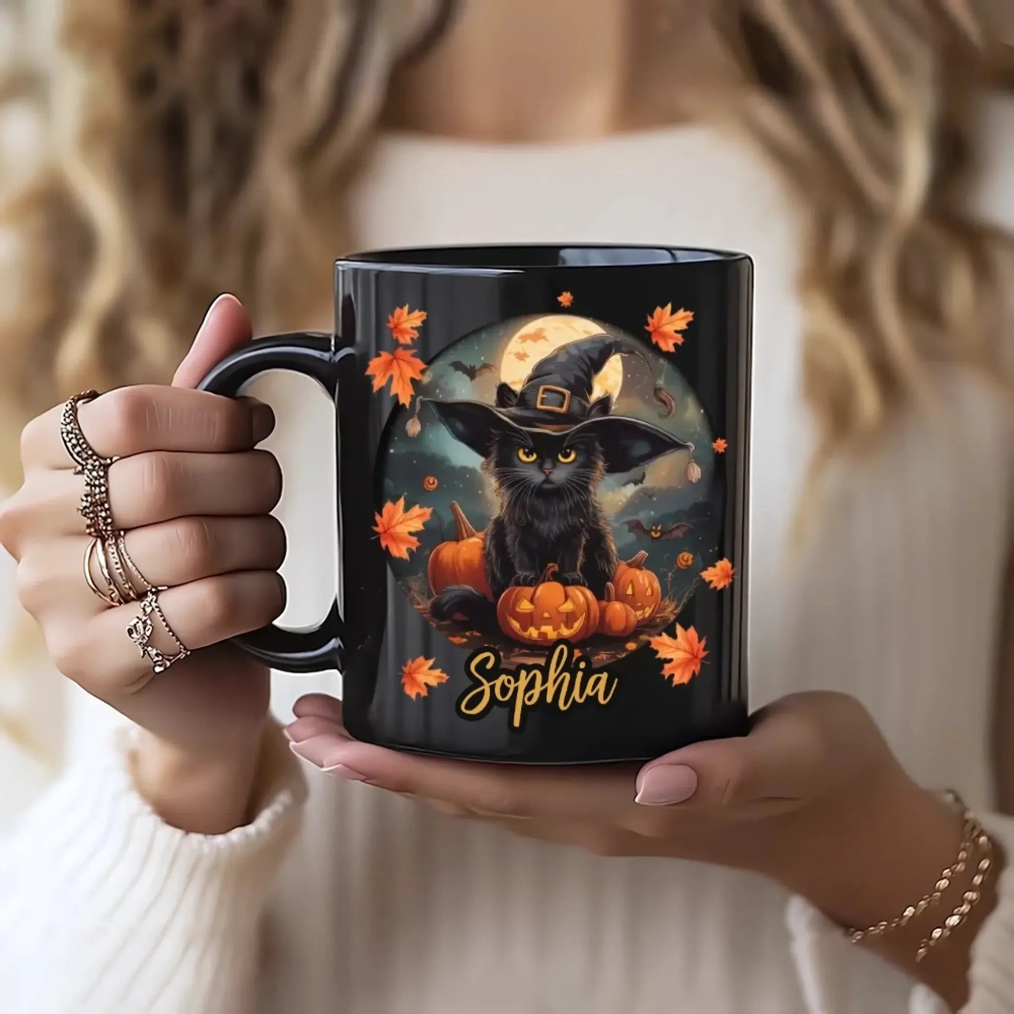 4. Halloween Mug with Cute Witch Cat, Custom Name Mug Gift For Halloween