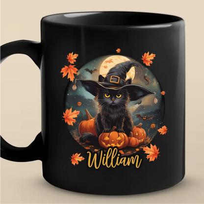 Halloween Mug with Cute Witch Cat, Custom Name Mug Gift For Halloween
