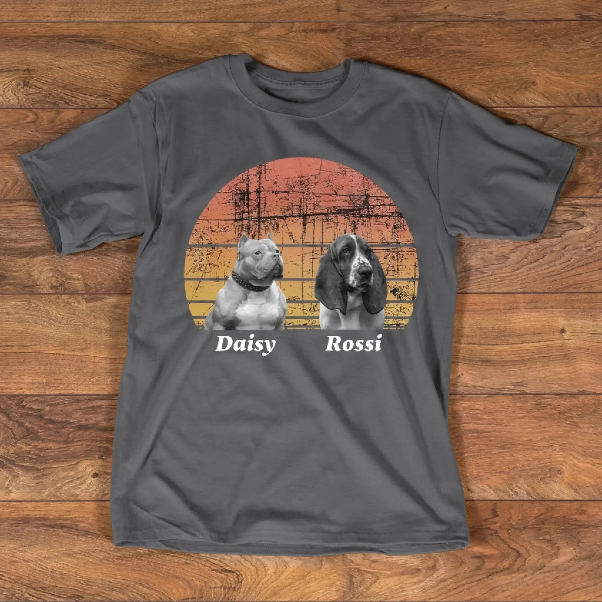 4. Custom Dog T-Shirt – Personalized Retro Sunset Pet Shirt with Name, Perfect Gift for Dog Lovers
