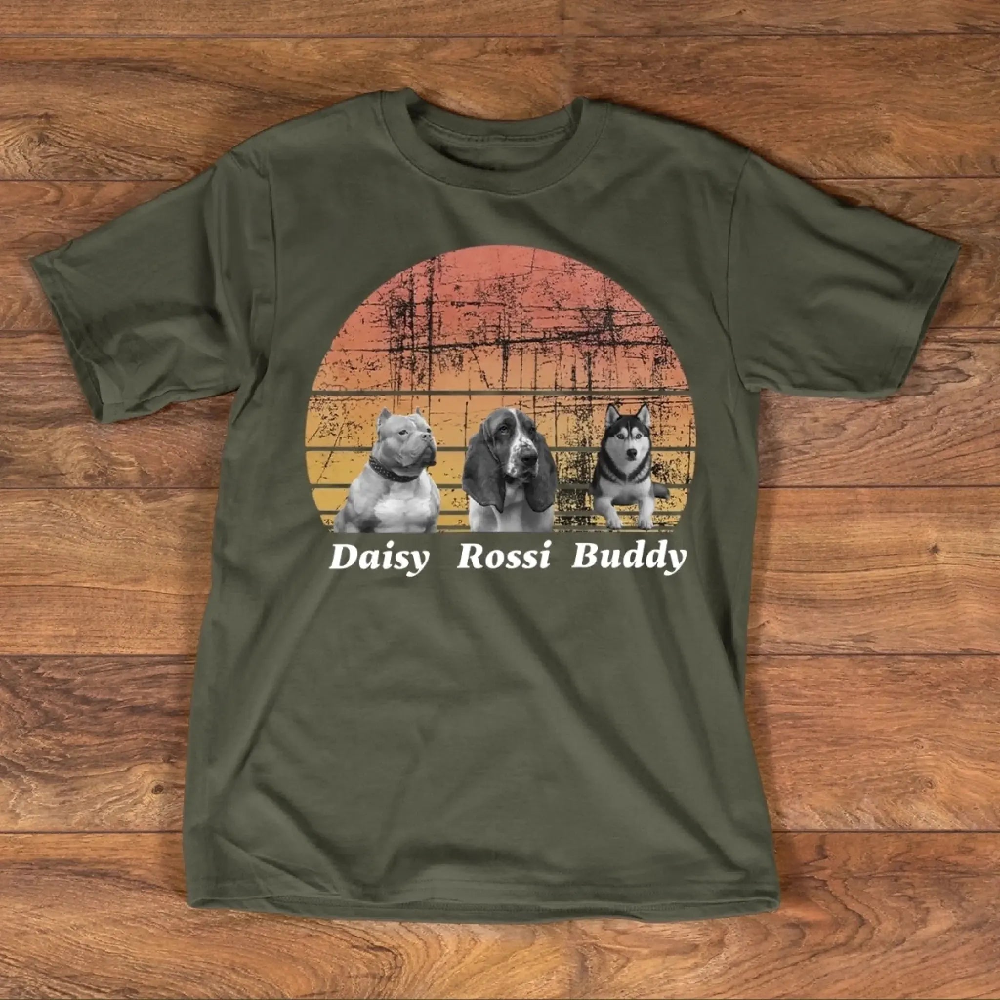 6. Custom Dog T-Shirt – Personalized Retro Sunset Pet Shirt with Name, Perfect Gift for Dog Lovers