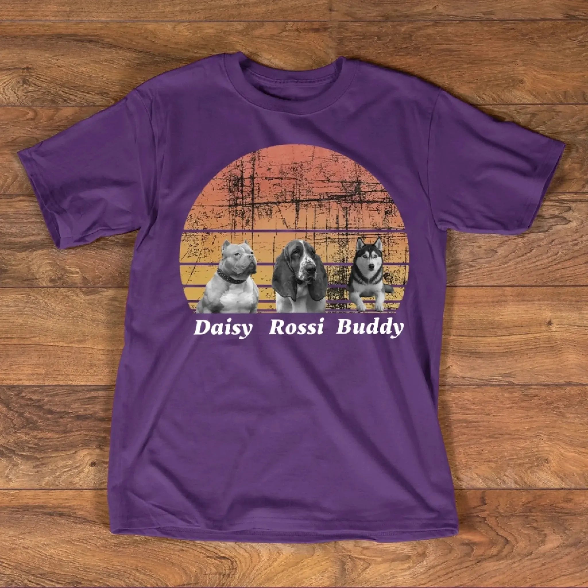 3. Custom Dog T-Shirt – Personalized Retro Sunset Pet Shirt with Name, Perfect Gift for Dog Lovers
