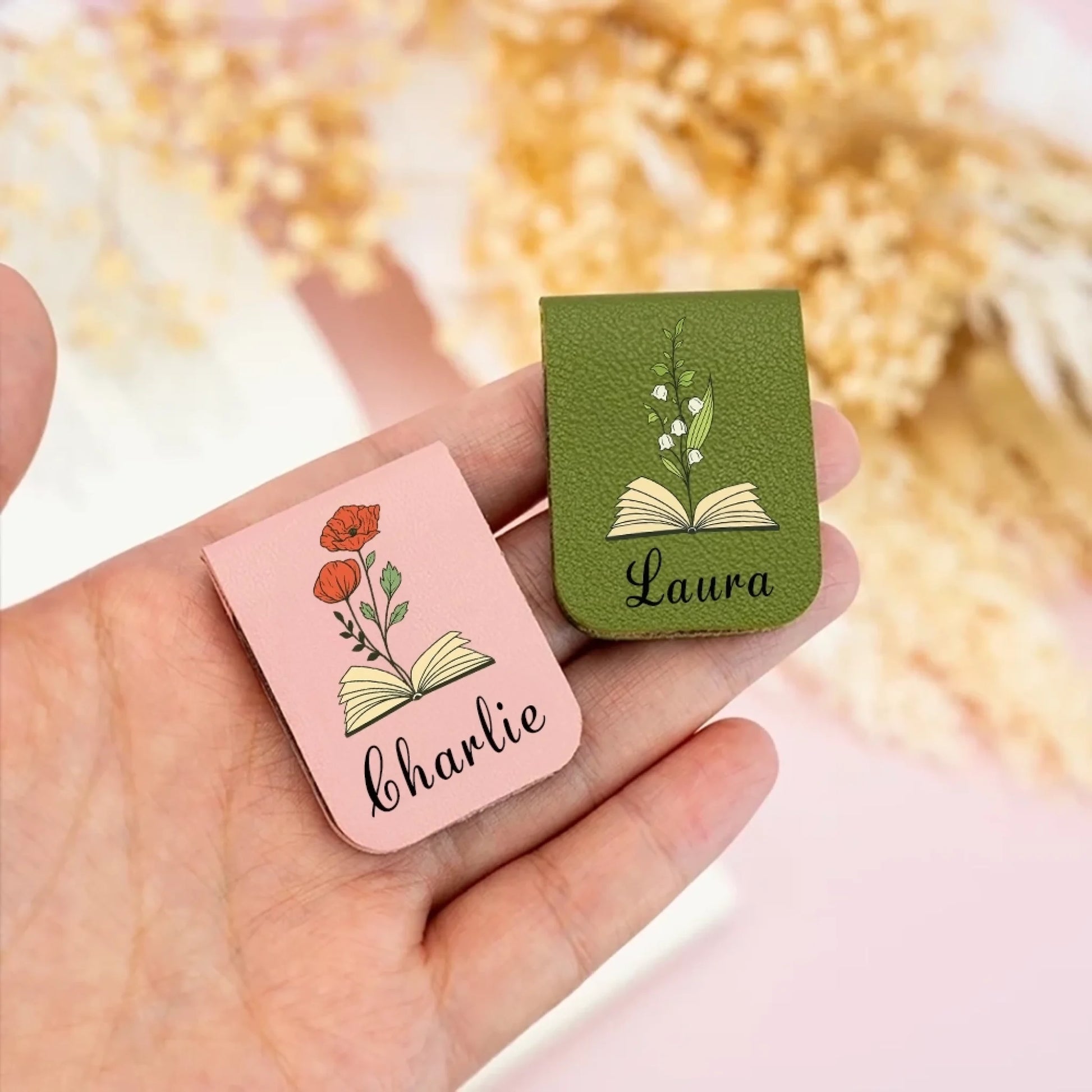 Personalized Leather Bookmark – Flower & Name Gift-2