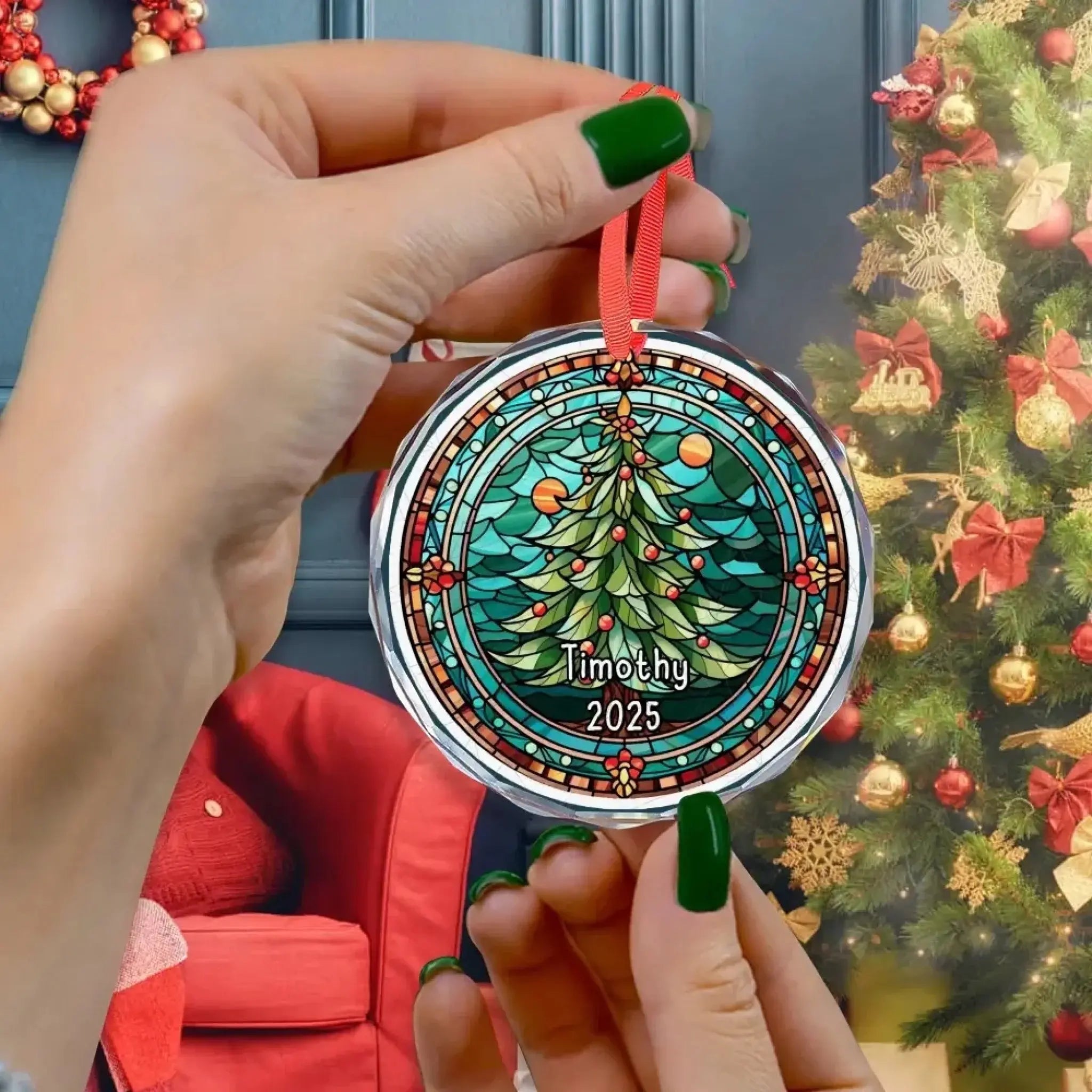 Personalized Stained Glass Christmas Tree - Custom Ornament Gift-4