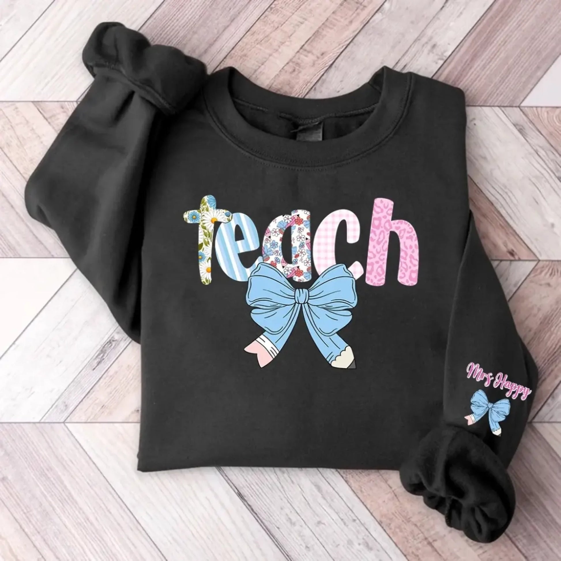 Preppy Fourth Grade Teacher Blue Floral Coquette Pencil Bow T-Shirt-2