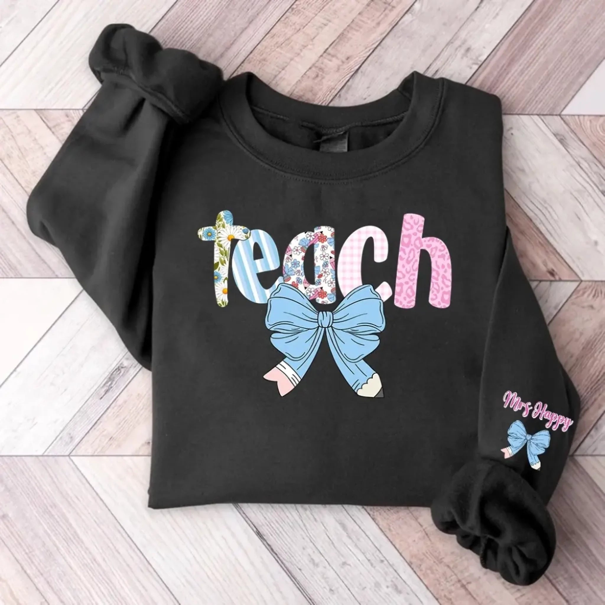 Preppy Fourth Grade Teacher Blue Floral Coquette Pencil Bow T-Shirt-2