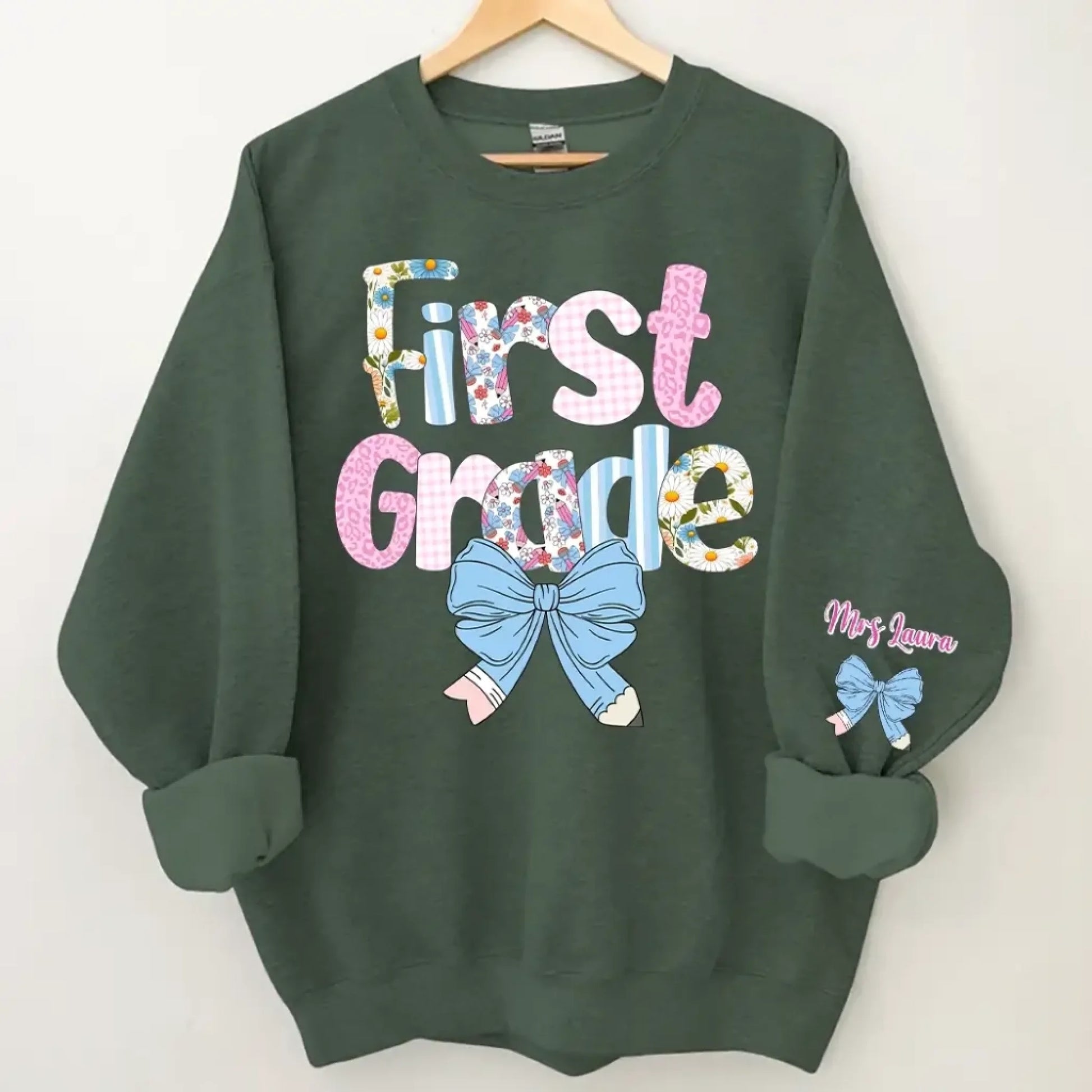 Preppy Fourth Grade Teacher Blue Floral Coquette Pencil Bow T-Shirt-6