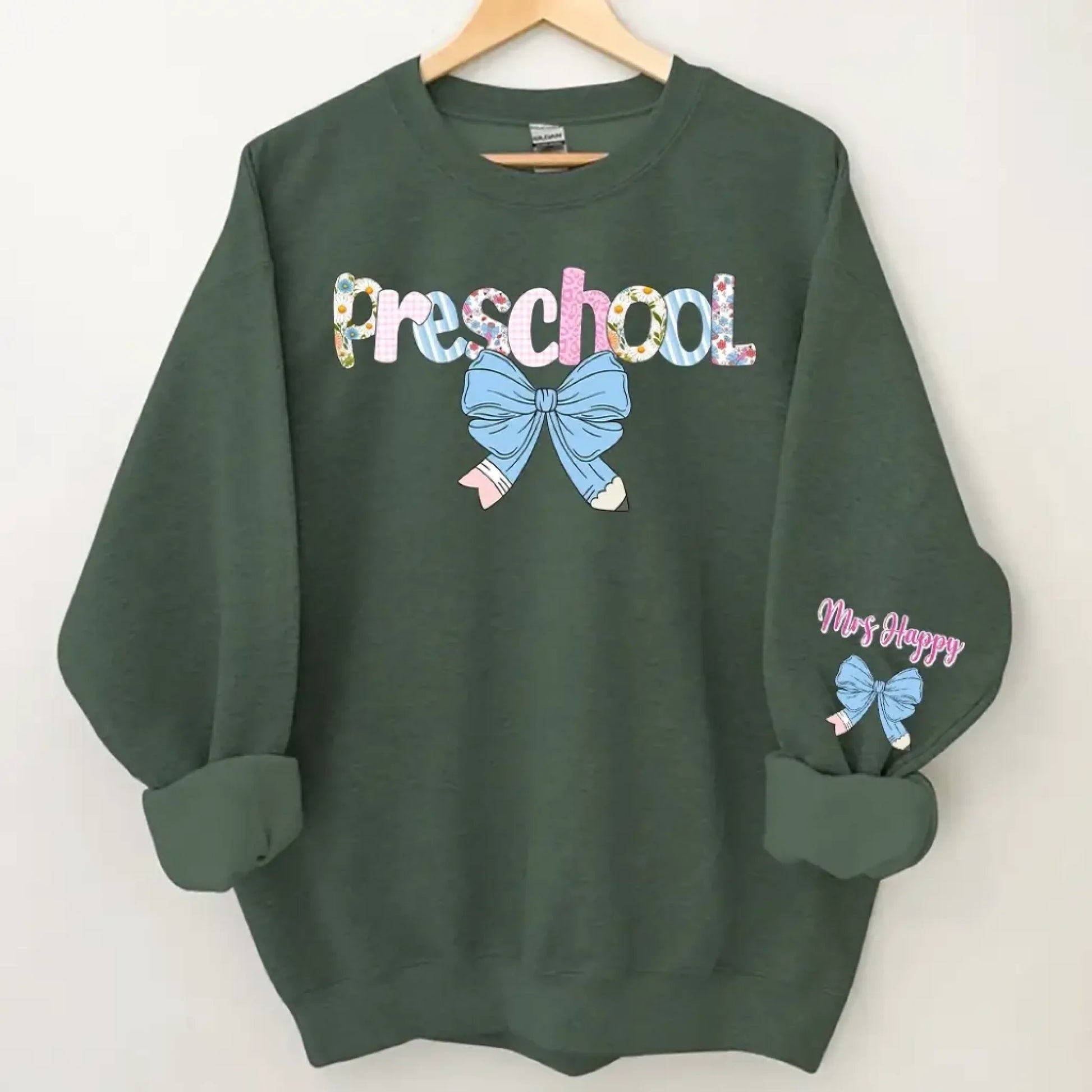 Preppy Fourth Grade Teacher Blue Floral Coquette Pencil Bow T-Shirt-5