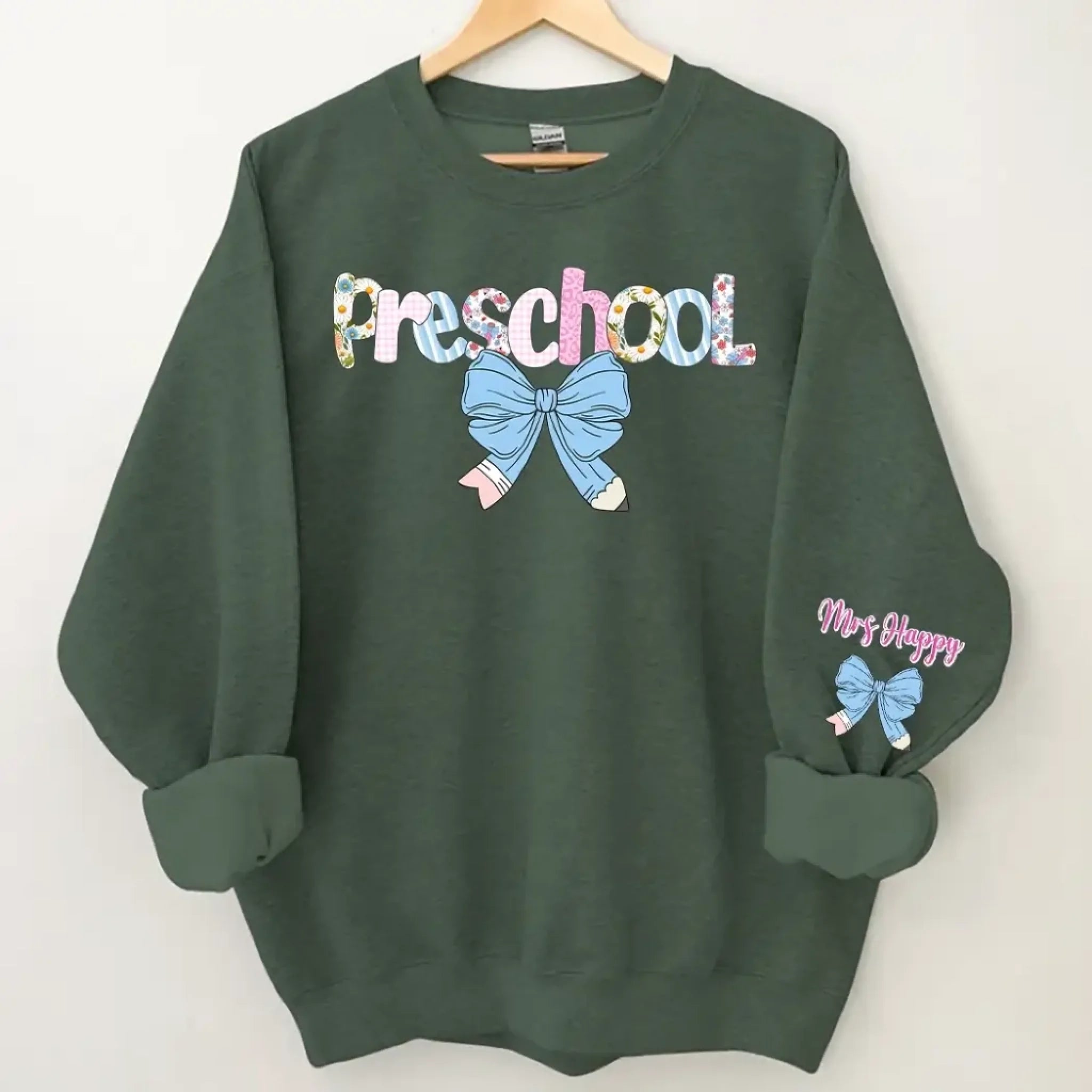 Preppy Fourth Grade Teacher Blue Floral Coquette Pencil Bow T-Shirt-5